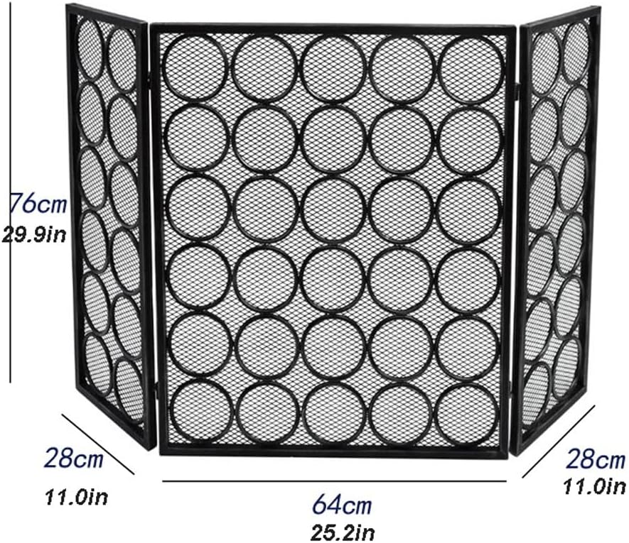 Tri-Fold Wrought Iron Fireplace Screen with Circle Pattern & Mesh Spark Guard - Home Safety Fence Protection for Fireplace (Color: N)