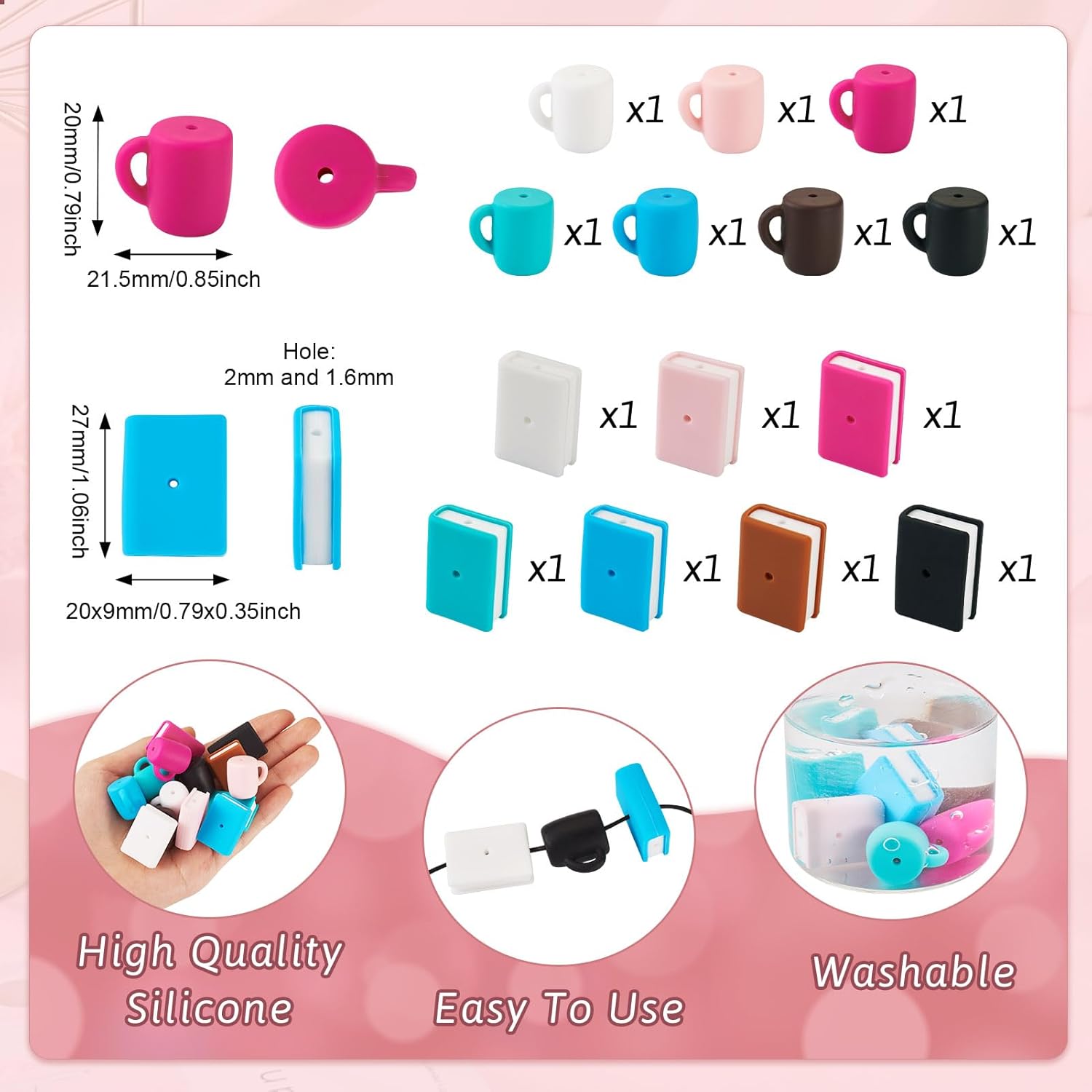 Beadthoven 14pcs Book Silicone Focal Beads for Pens 3D Coffee Cup Silicone Beads for Keychain Making Assorted Rubber Beads Spacers Cute Silicone Teacher Charms for Jewelry Making DIY Crafts Graduation - Image 3