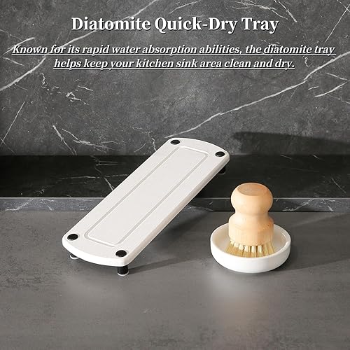 Miniatura 4 de MOMEEMO El juego de dispensador de jabón blanco viene con bombas de acero inoxidable, bandeja de secado instantáneo y cepillo para fregar platos,