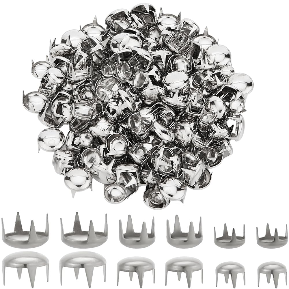 SOFPLATE 1 Box 240Pcs 3 Styles Silver Claw Beads Round Dome Studs 6mm 8mm 10mm 4 Prongs Spikes Spots Brass Punk Rock Rivet Nailheads for Leather Crafts Clothes Belt Bag Shoes Decorations Bracelets