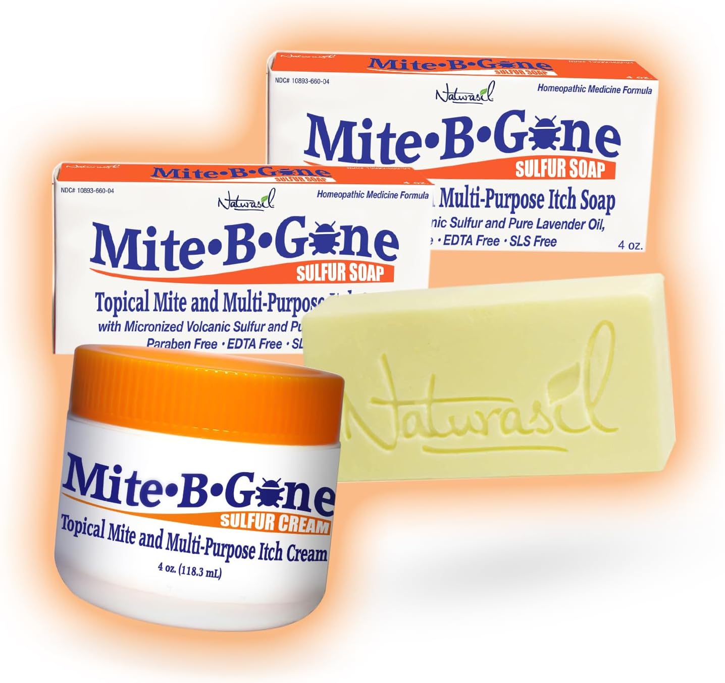 Naturasil Mite-B-Gone Treatment Pack - (1) 4oz Mite Cream + 2 Sulfur Soaps | for Human Mite, Insect & Mosquito Bites Itch | for All Skin Types | Child & Adult Safe