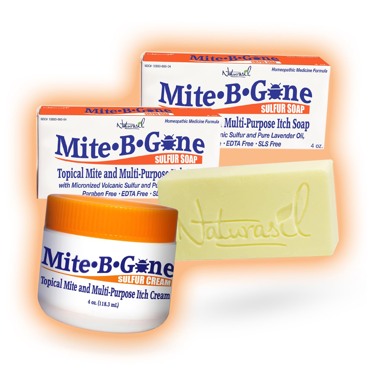 Naturasil Mite-B-Gone Treatment Pack - (1) 4oz Mite Cream + 2 Sulfur Soaps | for Human Mite, Insect & Mosquito Bites Itch | for All Skin Types | Child & Adult Safe