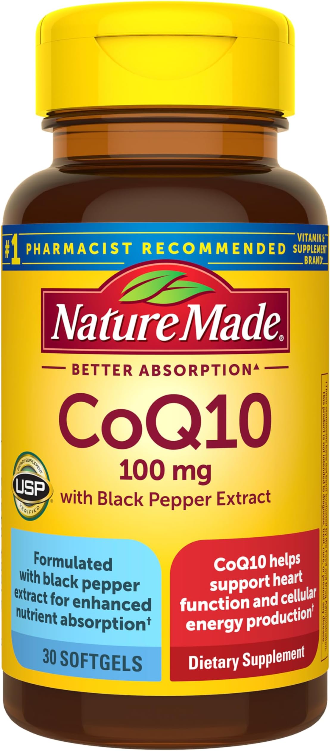 CoQ10 100mg with Black Pepper Extract for Enhanced Nutrient Absorption, Dietary Supplement for Heart Health Support, 30 Softgels, 30 Day Supply