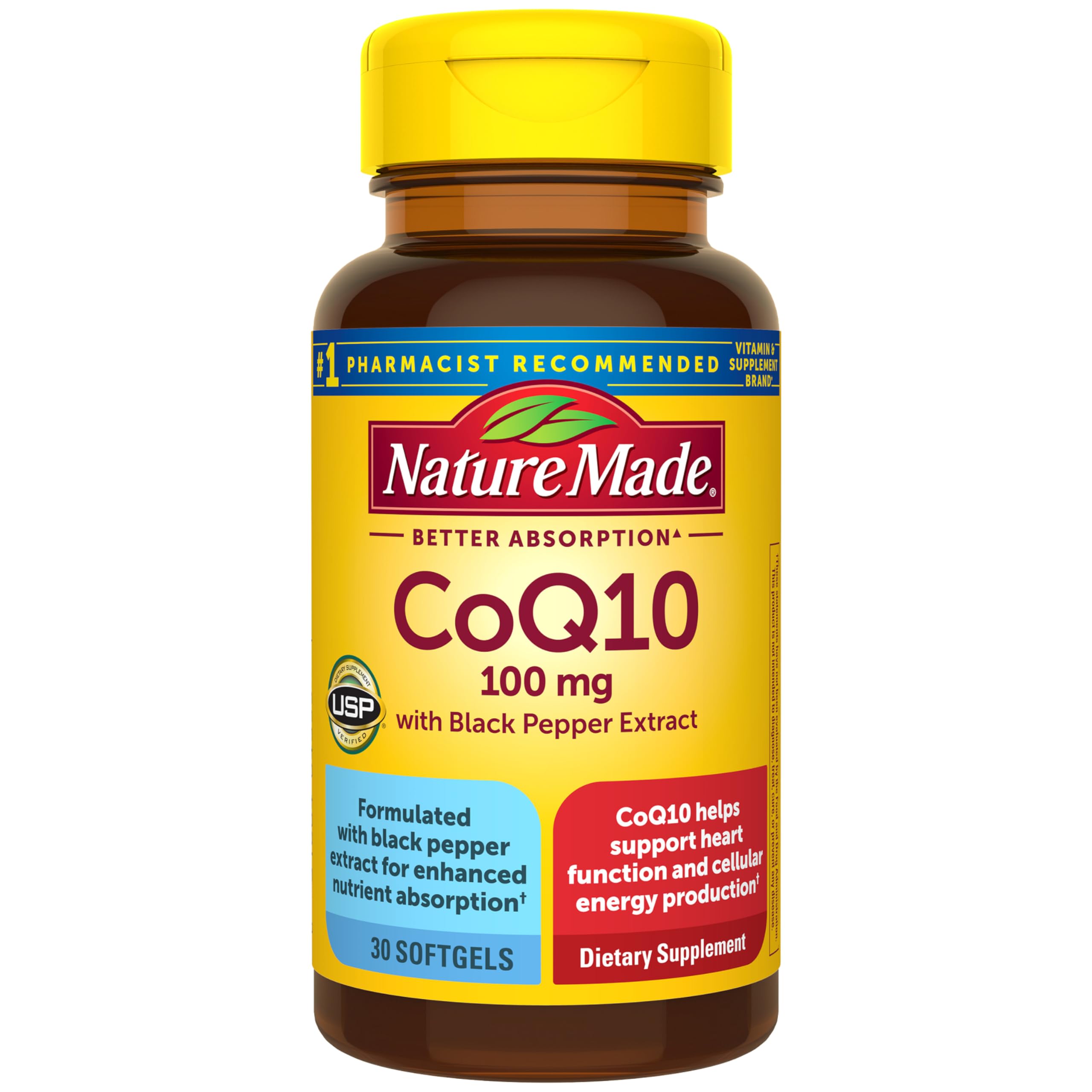 CoQ10 100mg with Black Pepper Extract for Enhanced Nutrient Absorption, Dietary Supplement for Heart Health Support, 30 Softgels, 30 Day Supply