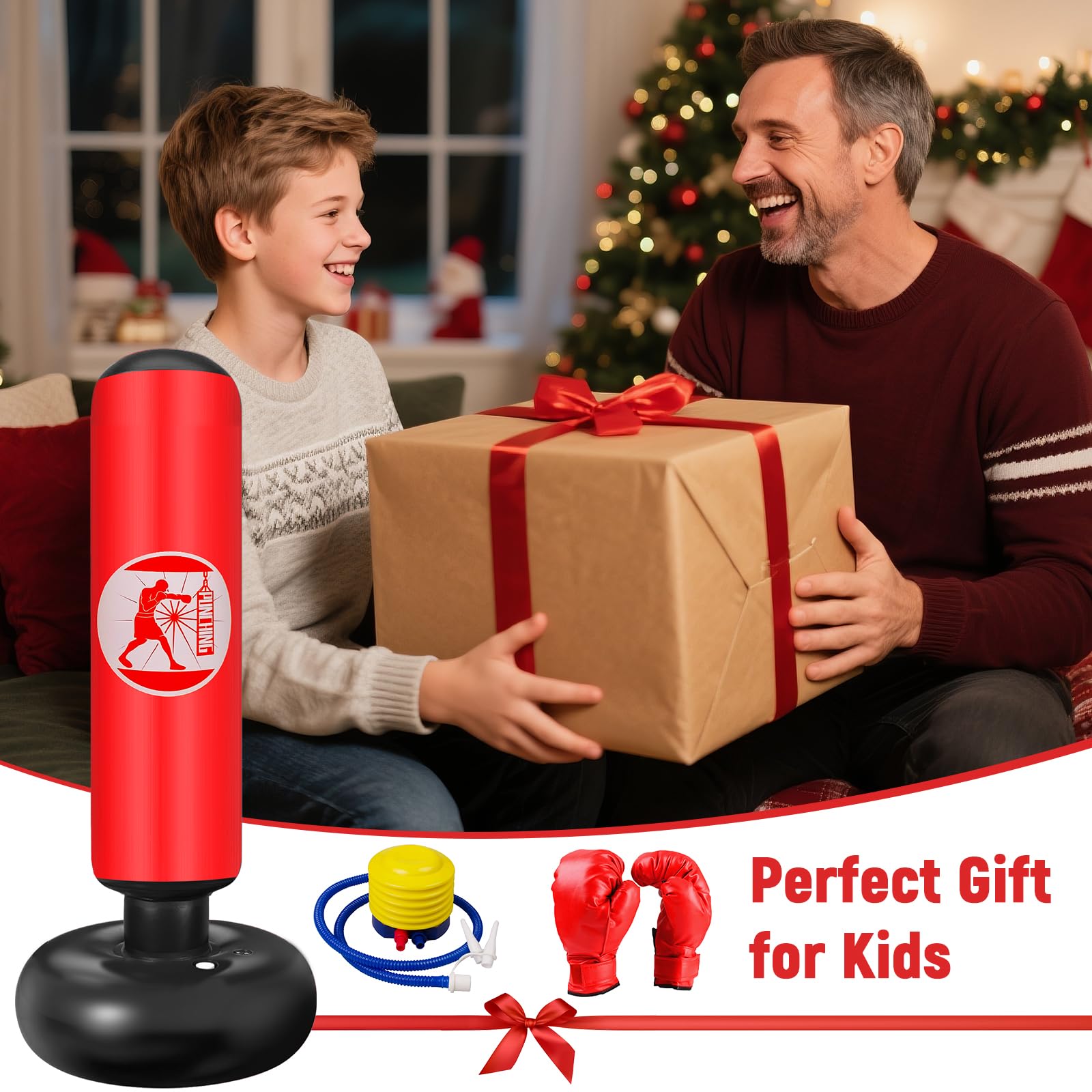 Qoosea Saco de Boxeo Niños 160cm con Bomba de Aire y Guantes, Bolsa de Boxeo Inflable Estable para Karate Kickboxing MMA