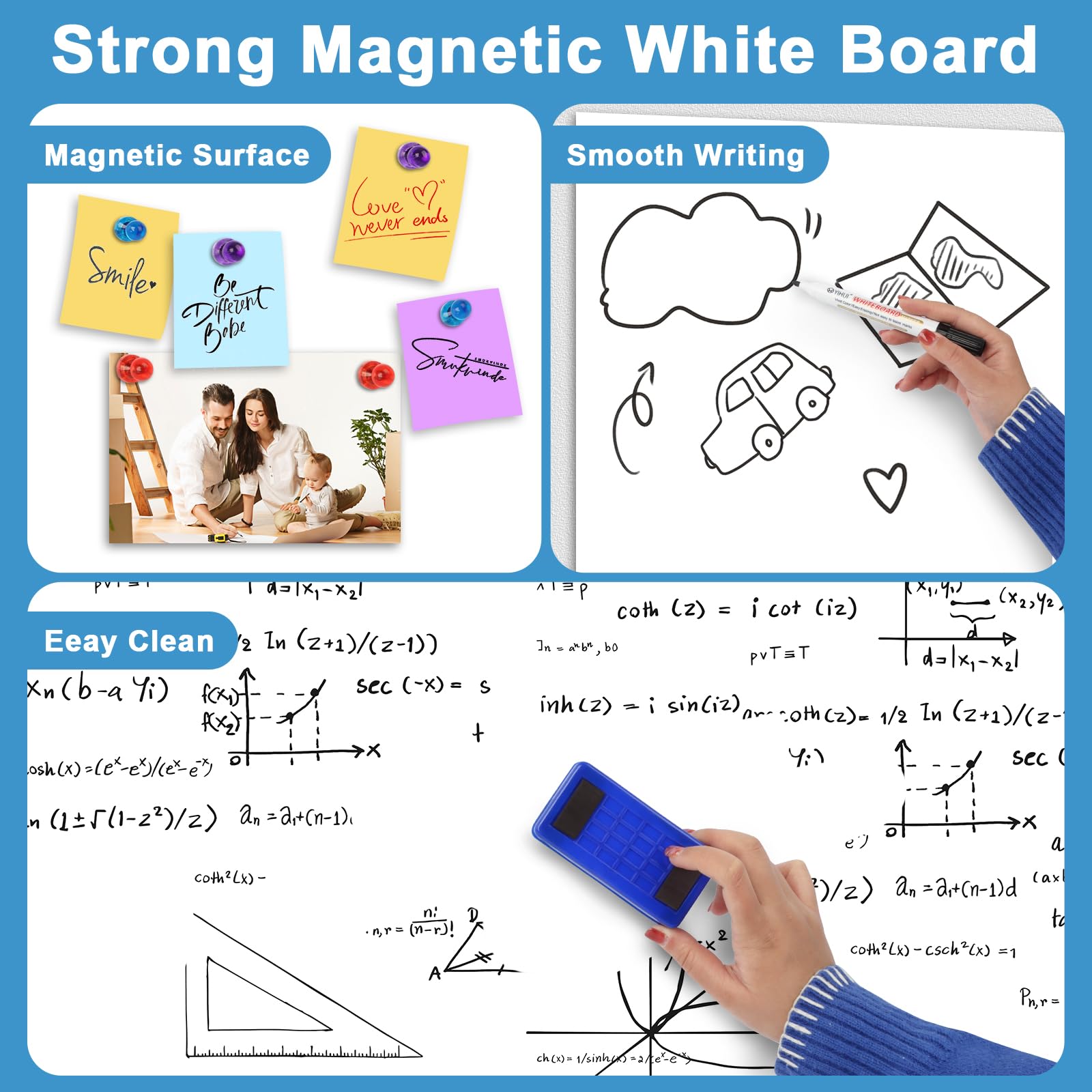 Cinnani Lavagna Bianca Magnetica Adesiva Cancellabile, 80 x 40CM Lavagna Magnetica da Parete, Include 4 Pennarelli, Cancellino e 6 Magneti, Multiuso Lavagna Cancellabile per Scuola, Ufficio, Casa, DIY