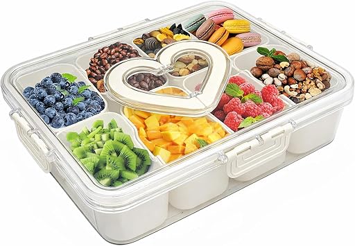 Snackle Box with Lid - Microwave & Dishwasher Safe Divided Serving Tray - Portable Snack Container for Fruit Veggie & Candy Organizer Picnics & Parties 1 pcs 8 Compartment Heart Shape