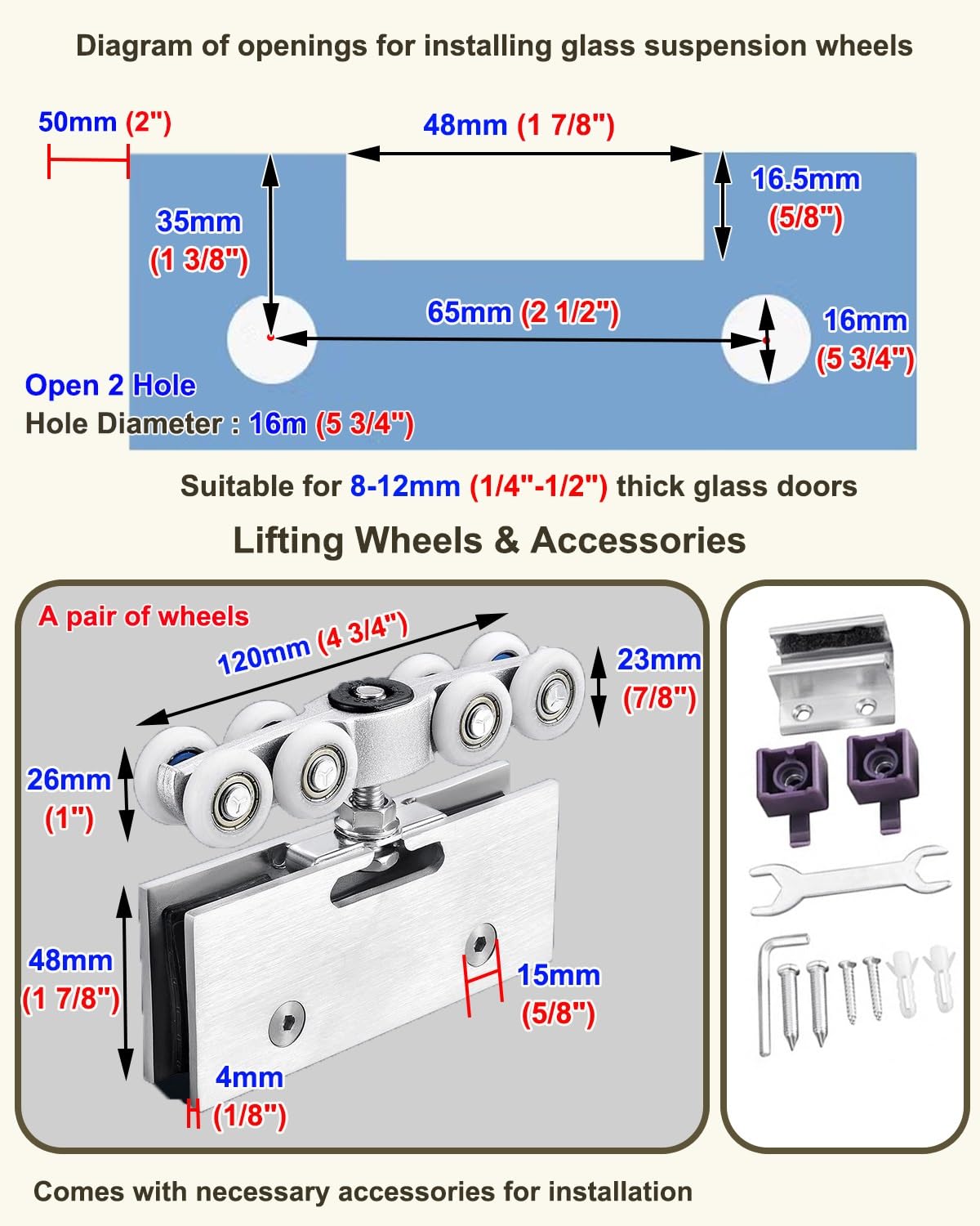 Kit de rieles para Puertas corredizas de Vidrio de 60 Pulgadas - Herrajes de derivación para Montaje en Pared con Juego de poleas de Rodillos de Aluminio para Puertas empotradas - Fácil inst