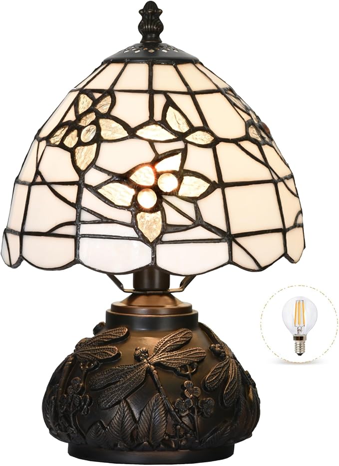 HomeBeauty TL0022 White Floral Tiffany Table Lamp, Stained Glass Dragonfly Bedside Nightstand Lamp Desk Light W8 X H11.8 Inch for Bedroom Living Room Home Office, LED Bulb Included (White Flowers) photo 5