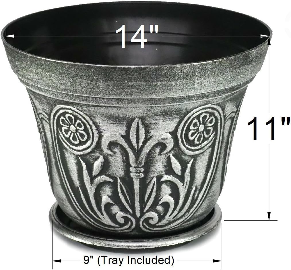 Large Medieval Flowerpots, Set of 2 Planter and 2 Saucers (4 Pieces) for Garden Patio Office Ornaments Home Decor Long Lasting Reusable Light Weight (Silver)