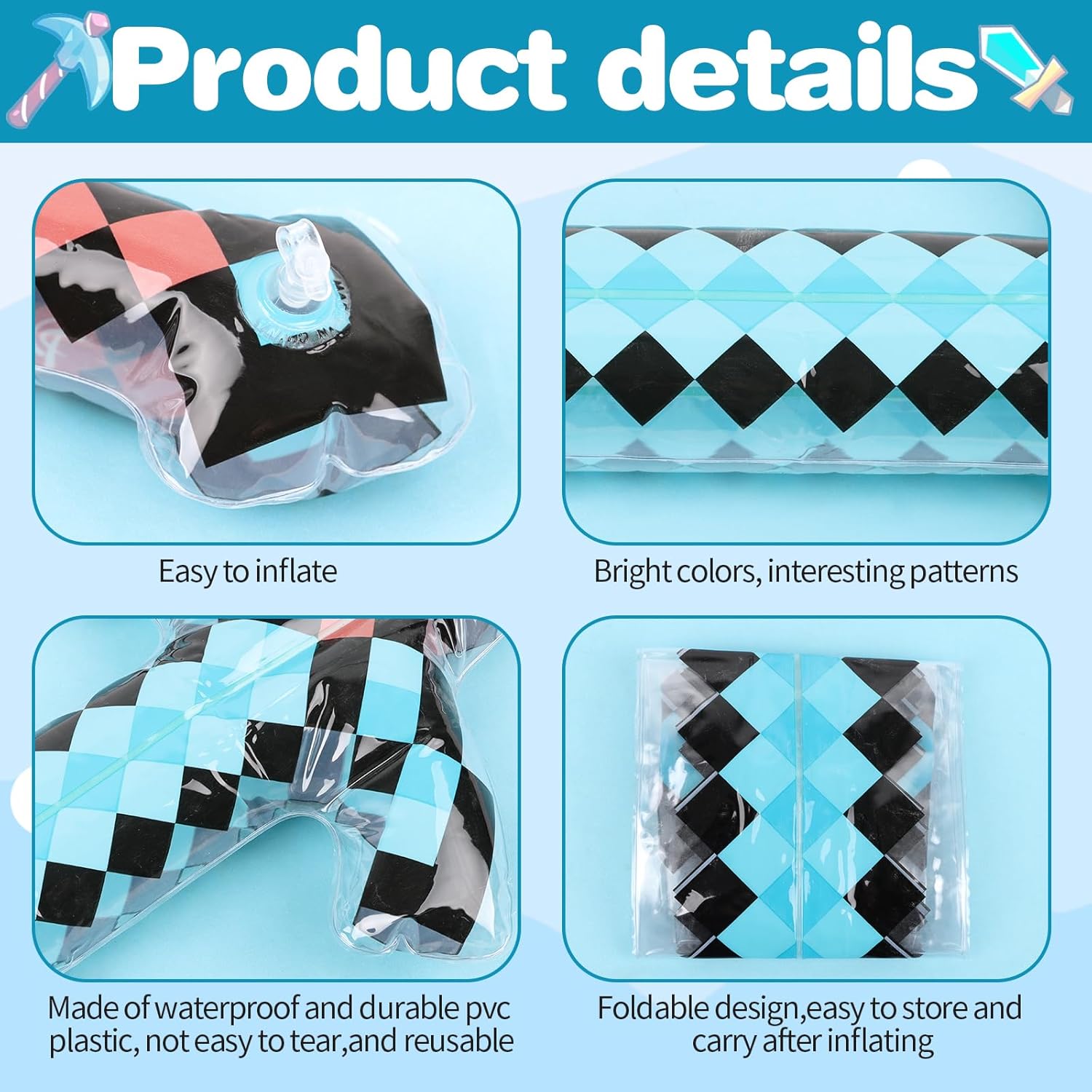 KIMOBER 12 Pack Inflatable Pixel Weapons Set,Large Inflatable Sword Axe Pickaxe Hatchets Tridents, PVC Reusable Pool Party Props for Cosplay Theme Events