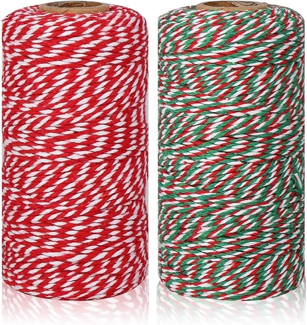 BAODANLE 2 Rolls Christmas Twine Natural Jute String Cotton Twine, Colored Twine Bakers Twine Cotton Rope Cord String Decorative for Gift Wrapping DIY Crafts Gardening