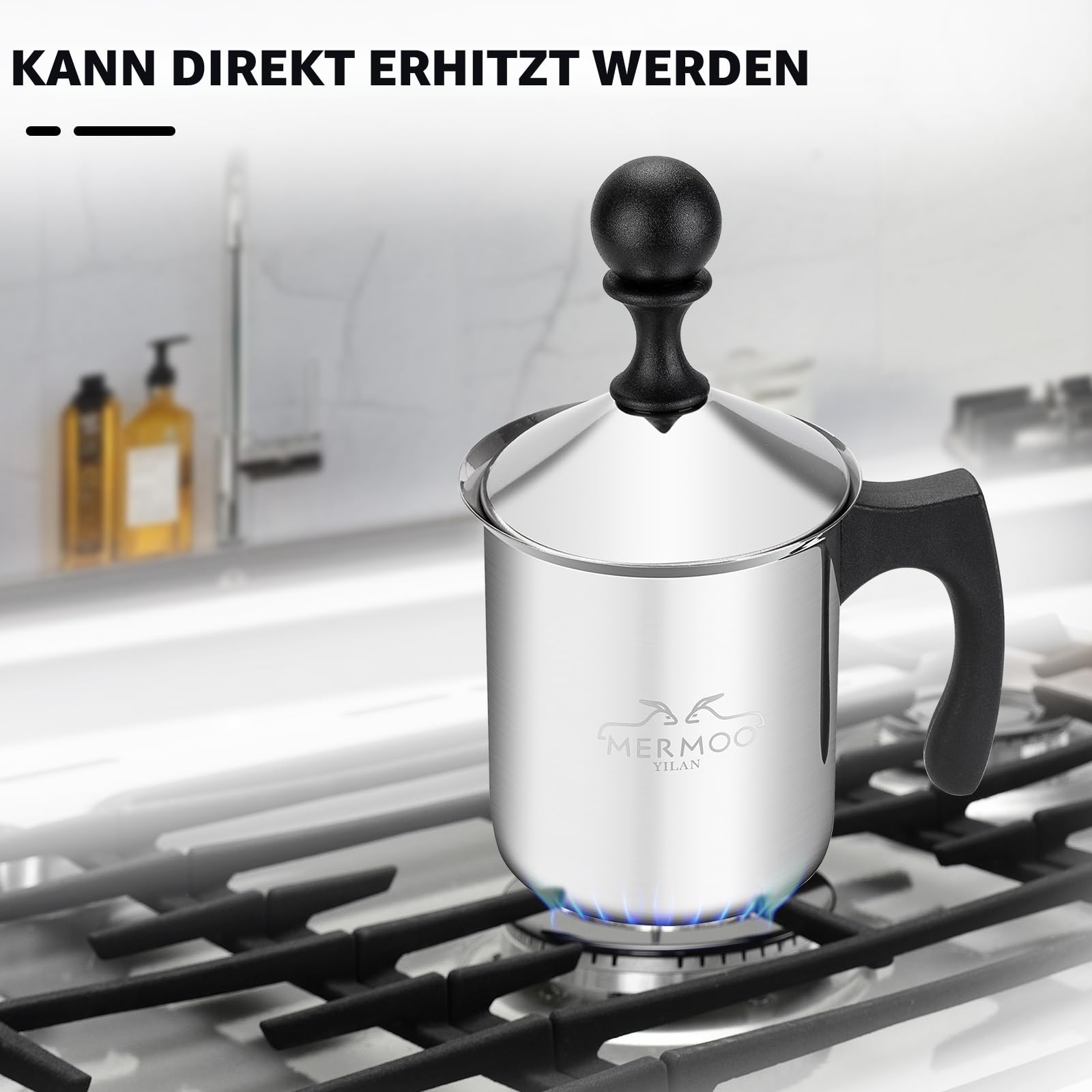 MERMOO YILAN Milchaufschäumer 304 Edelstahl Milchschäumer Doppelsieb, Kalt/Hot Schaum für Lattte, Cappuccino, leicht zu reinigen, perfekt für Reise Camping Büro (Silber)