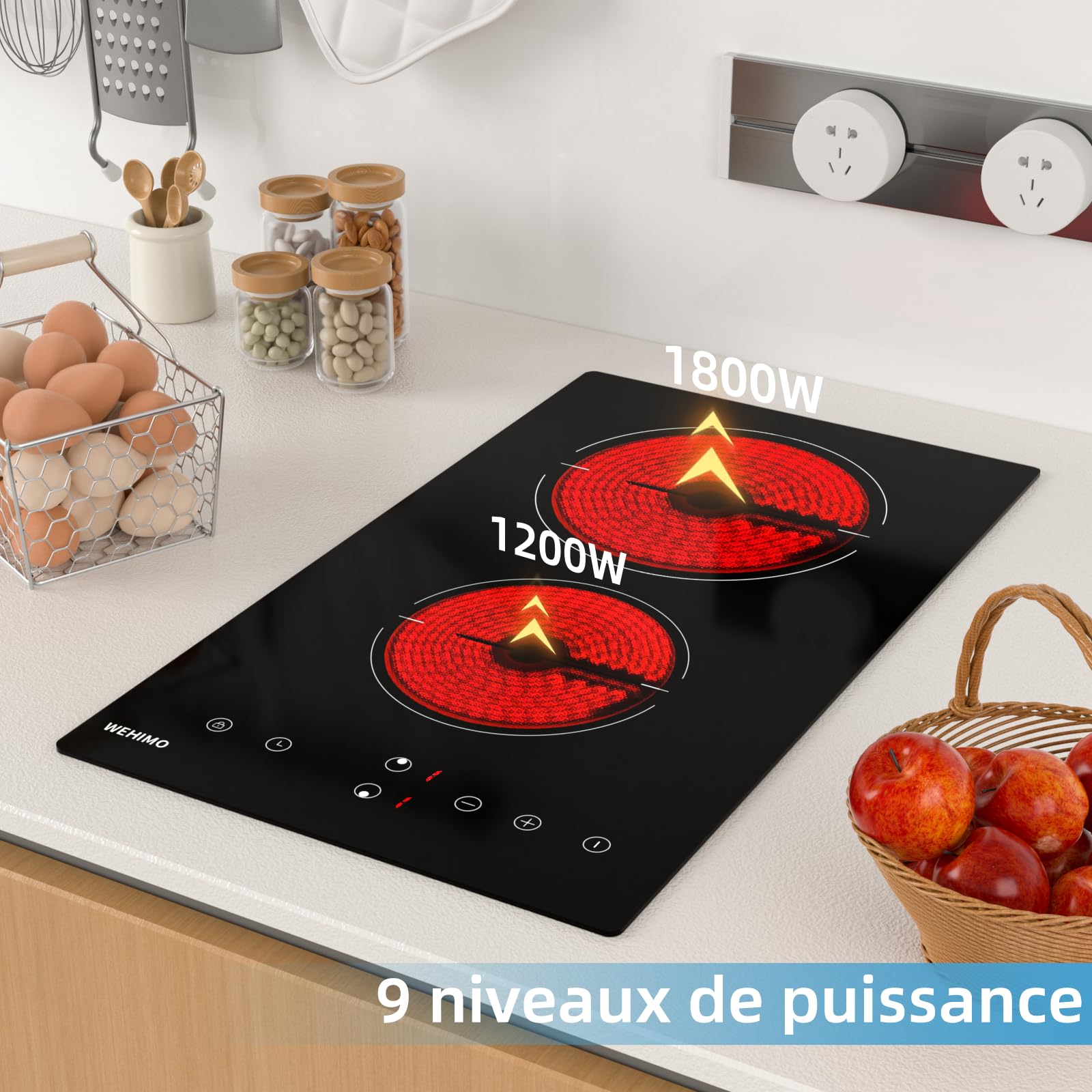 Plaque Vitrocéramique 2 Feux, WEHIMO Plaque de Cuisson Electrique 3000W, Commande Tactile, Minuteur, Compatible Tous Poêlons, 29cm