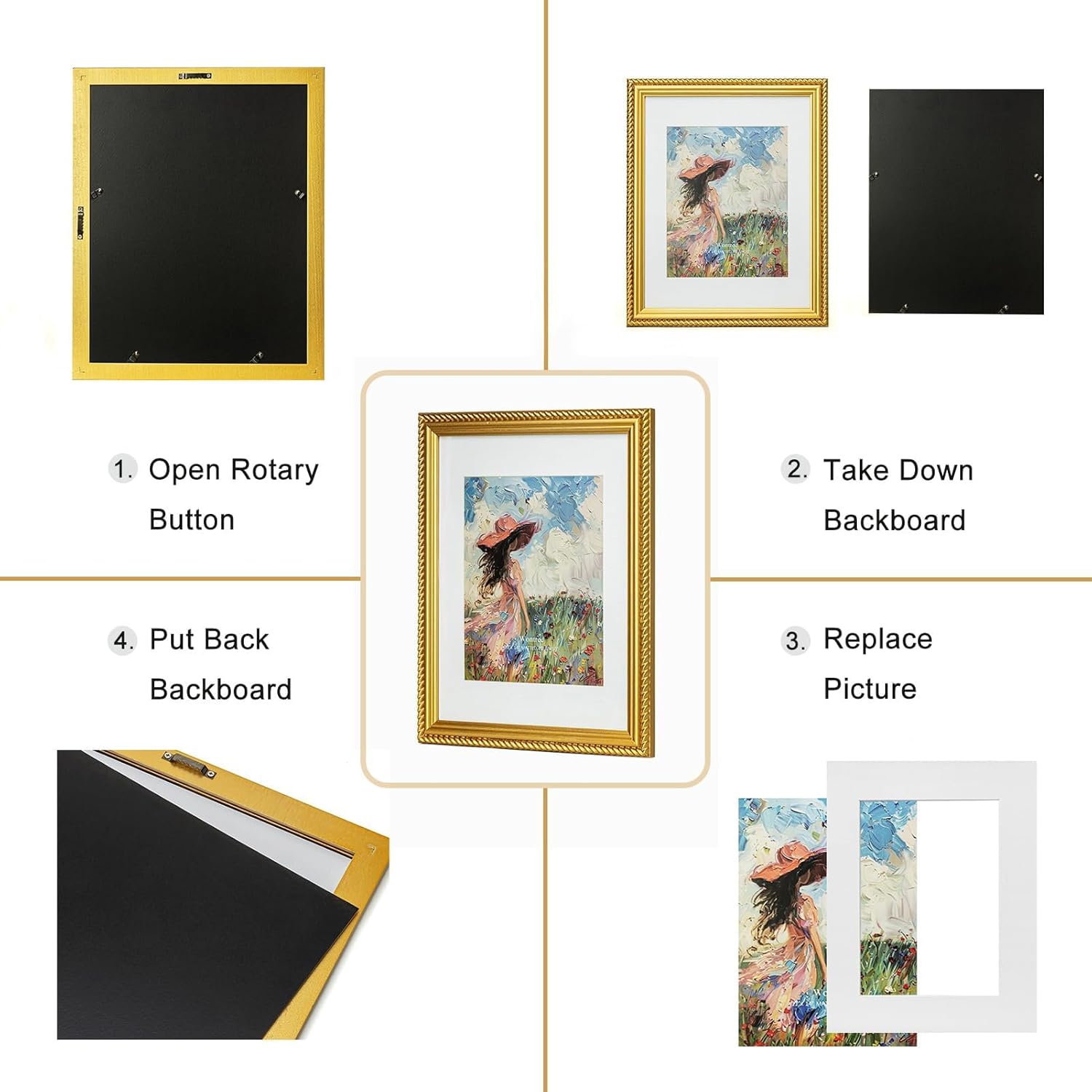 11x14 Picture Frame Ornate in Gold with Rope Trim, Solid Wood with Real Glass, Display 11x14 Photo Matted to 8x10, Vertical and Horizontal for Wall Hanging