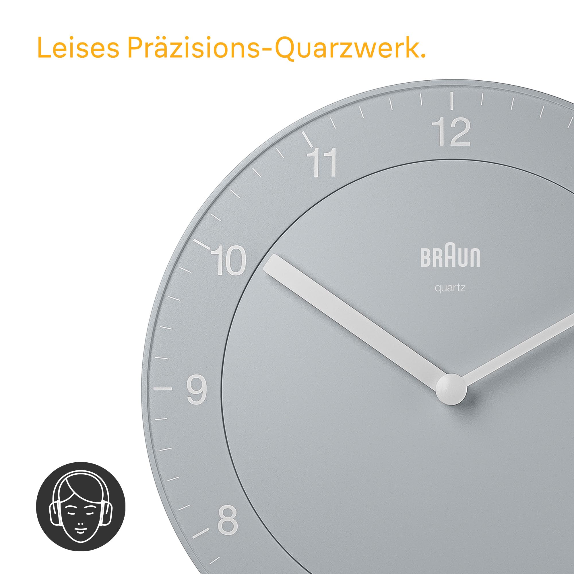 Braun Classic Analoge Wanduhr mit leisem Quarzuhrwerk, leicht ablesbar, 20 cm Durchmesser in Grau, Modell BC06G.