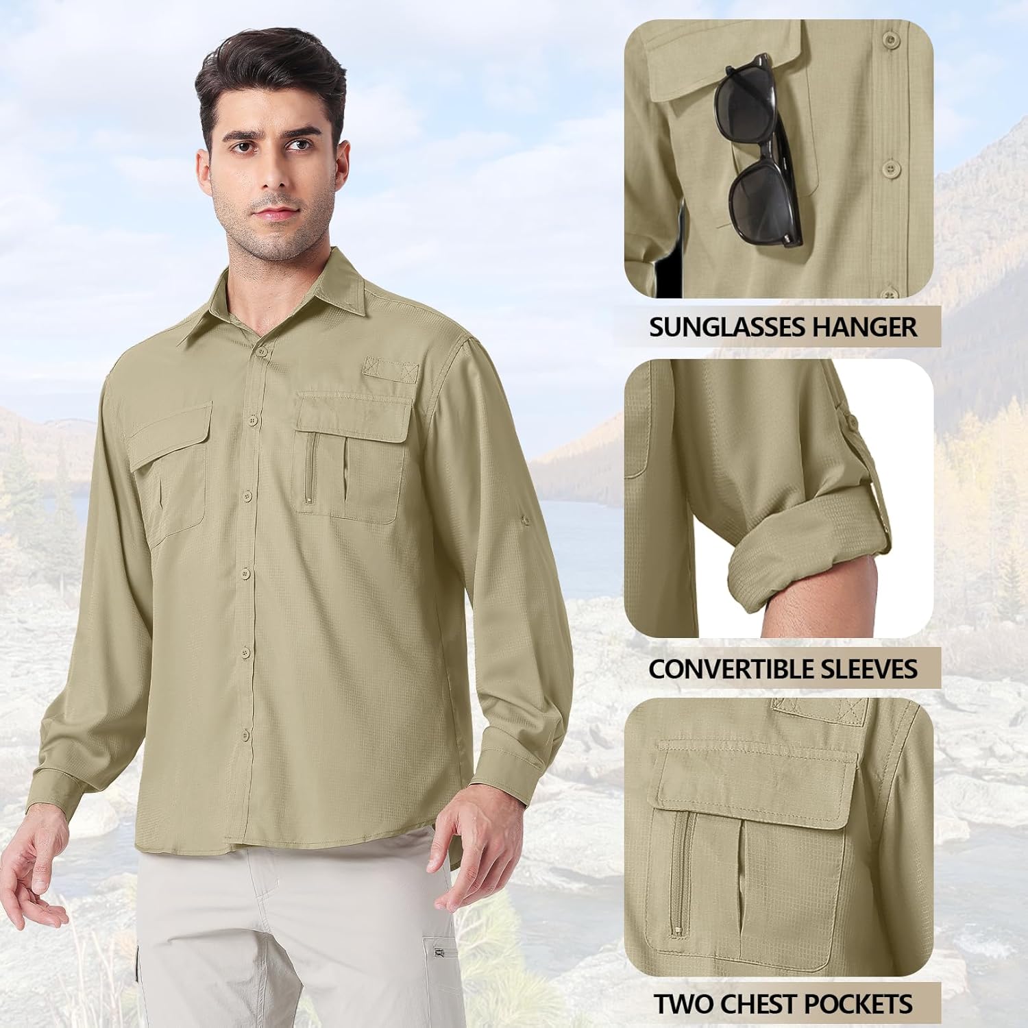Safari Shirts for Men for Africa UV Sun Protection Lightweight Quick Dry Moisture Wicking for Hiking Fishing Travel Outdoor