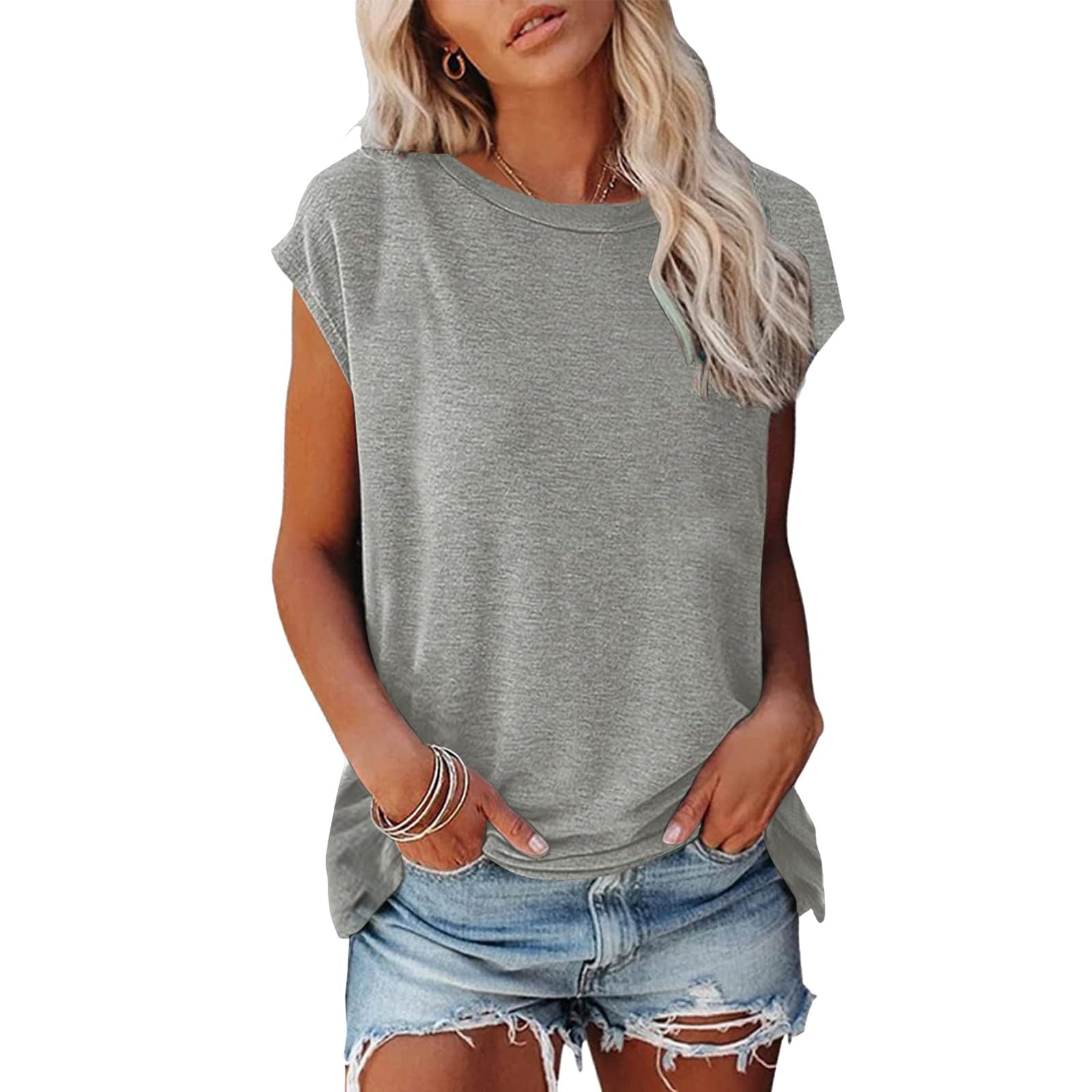 AMDOLE T Shirt Femme Débardeur Col Rond été Décontracté Blouse Chic Et élégant Coton T-Shirts à Manches Courtes Grandes Tailles Couleur Unie Amples Confortables Blouse Tops Hauts Tuniques Pas Cher