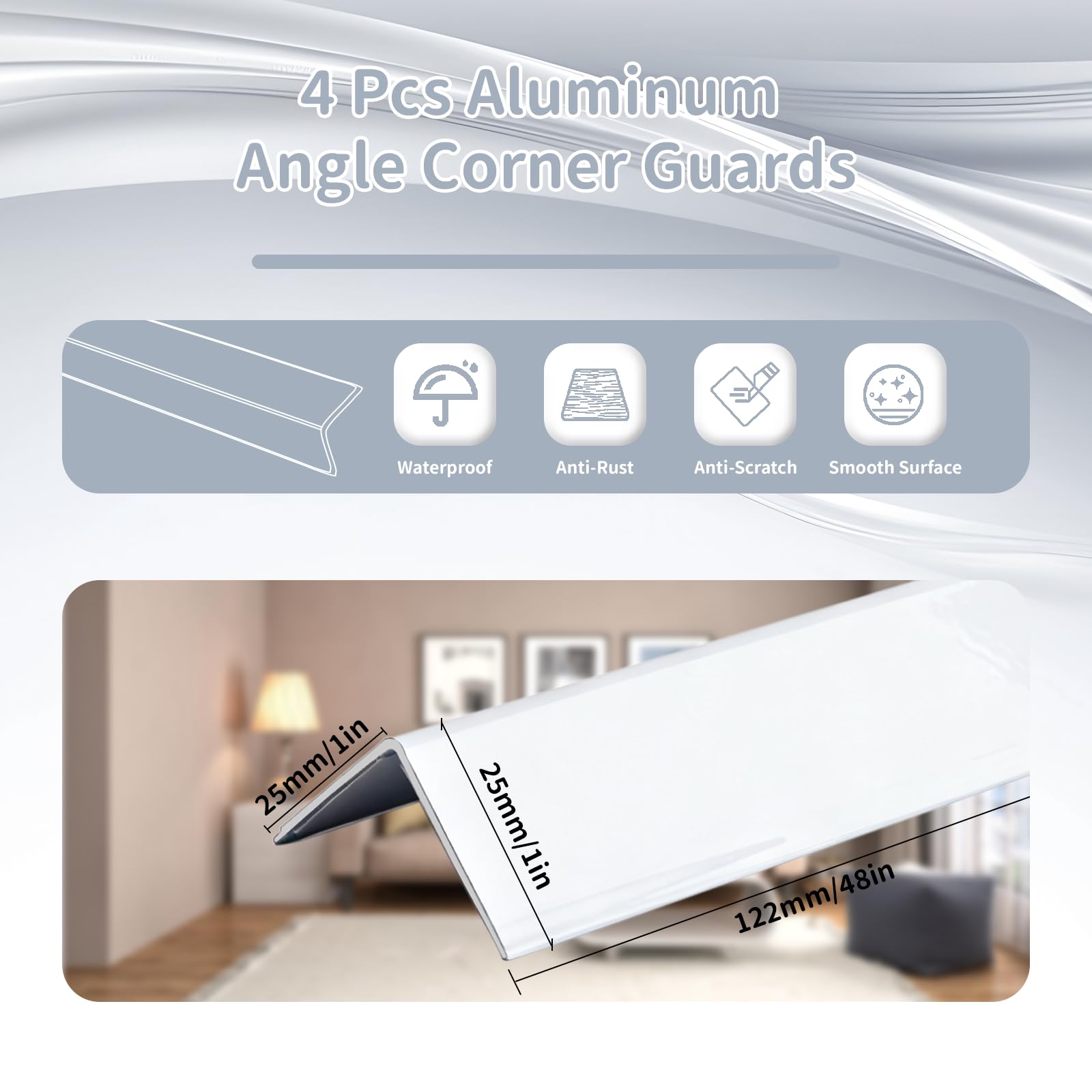 4 protectores de esquina de aluminio, autoadhesivos, sin taladrar, universales para azulejos, hormigón, madera, superficies de vidrio en el hogar y la oficina (porcelana blanca)