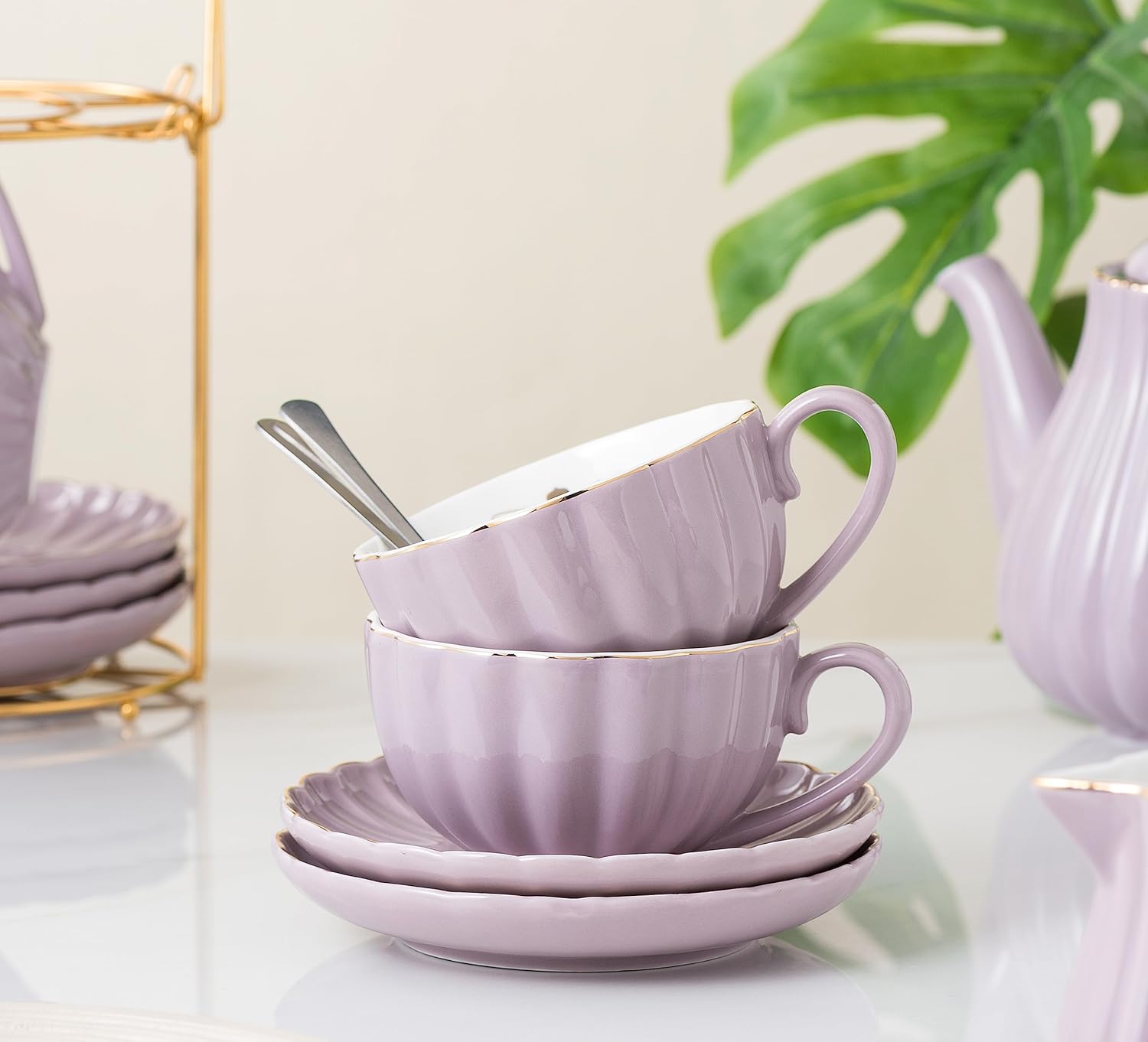Clay Tonic- 8 OZ Fine China Purple Coffee Cup/Teacup Set, Cups & Saucer, with Teapot-Sugar Bowl-Cream Pitcher Teaspoons and tea strainer for Tea/Coffee,24-Pieces- Service for 6 (Purple)