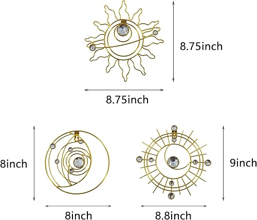 Vista 8 de Manortang Decoración de pared dorada de metal de 9 pulgadas, arte abstracto de sol, luna y estrella, arte de pared adornado con planeta místico