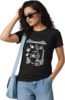 ART WORKS MAX Kolkata Iconic Graphic T-Shirt for Women, Black, Short Sleeve Cotton Tee with City Monuments Design, Regular... Price In India