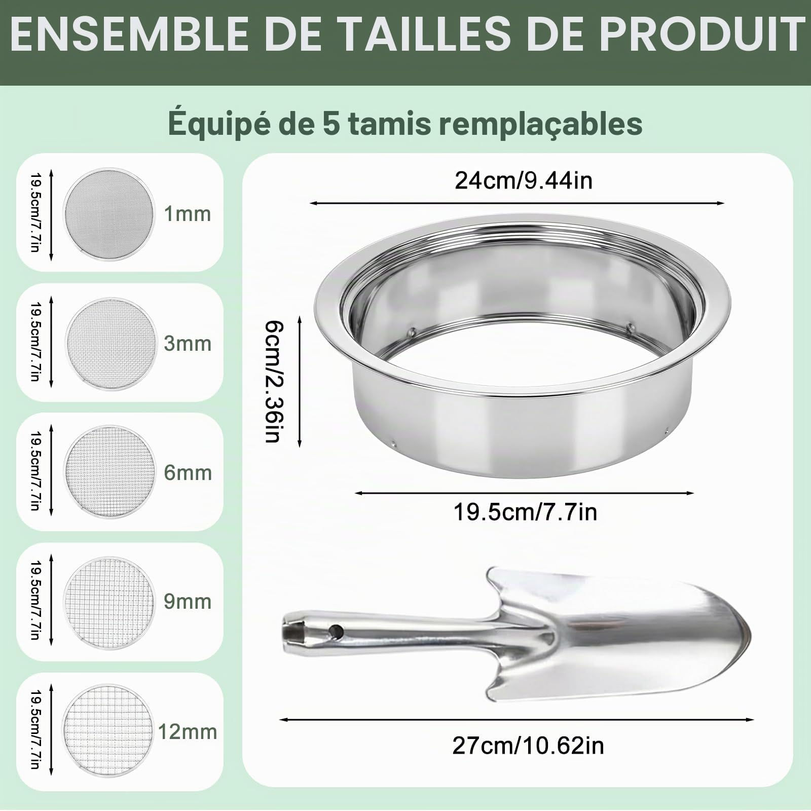 5 en 1 Tamis Jardinage Tamis Sable en Acier Inoxydable Ø 1, 3, 6, 9, 12 mm Tamis de Terre avec 1 Pelle à Main pour Terre, Pierres, Compost, Mauvaises Herbes, Sable, Gravier, Graines