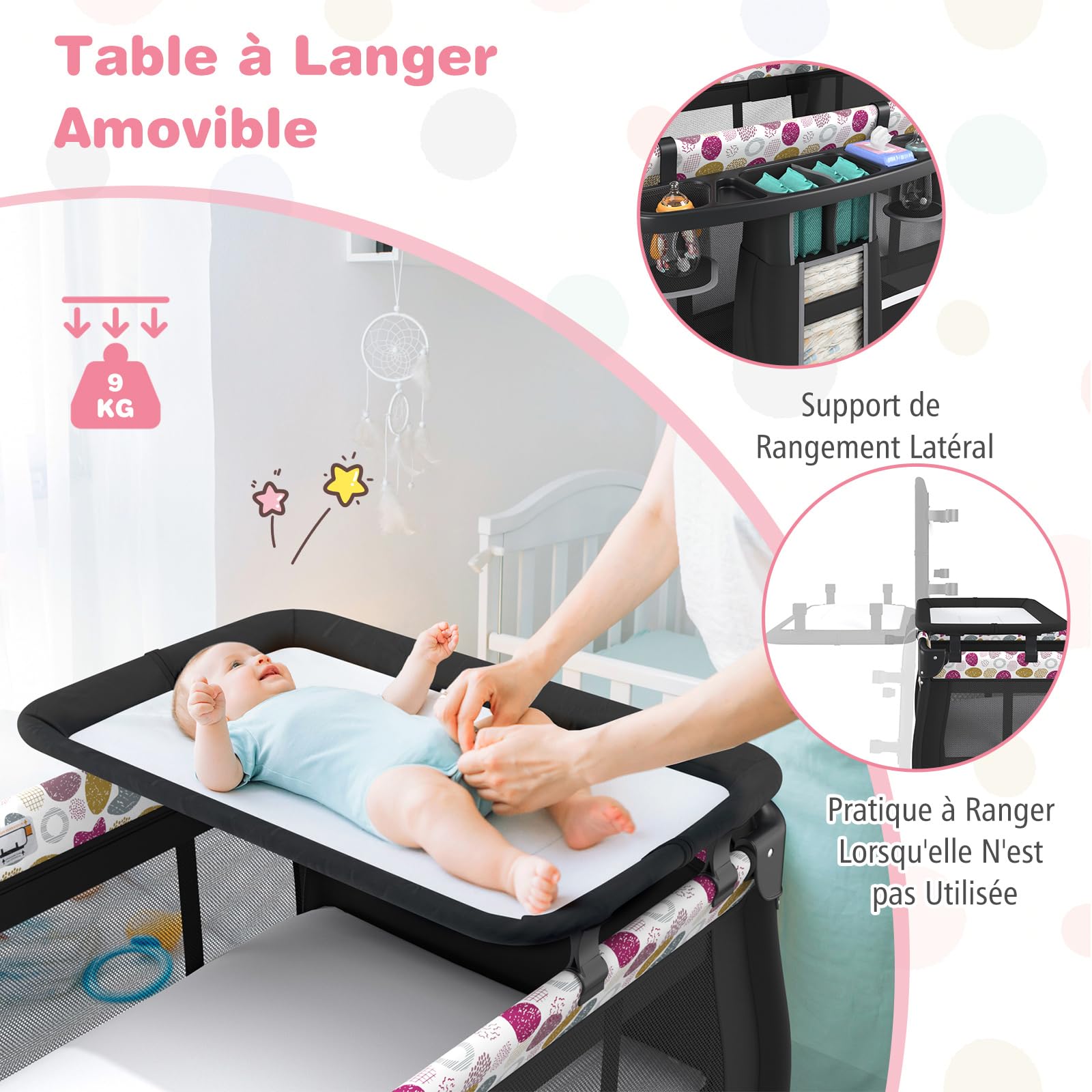 COSTWAY Lit Parapluie Bébé avec Matelas & Table à Langer Escamotable, Lit Bébé Évolutif avec Boîte à Musique & Jouets Suspendus, Auvent Réglable, Lit de Voyage pour 0-36 Mois (Cercles colorés,Noir)