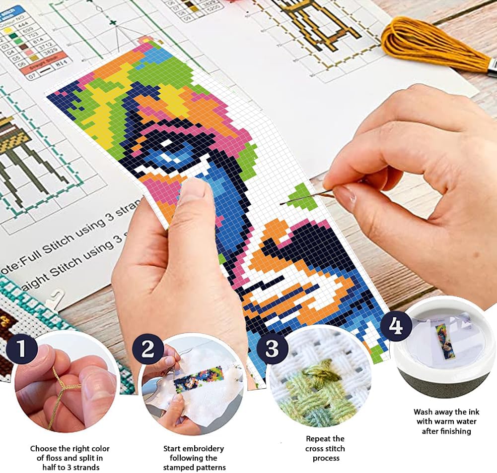 FREEBLOSS 6 Set Cross Stitch Bookmark Kit 11CT DIY Cross Stitch Kits Colorful Animals Pattern Stamped Embroidery Kit with Instructions Bookmark Making Set for Adult Beginners 8x2.4inch