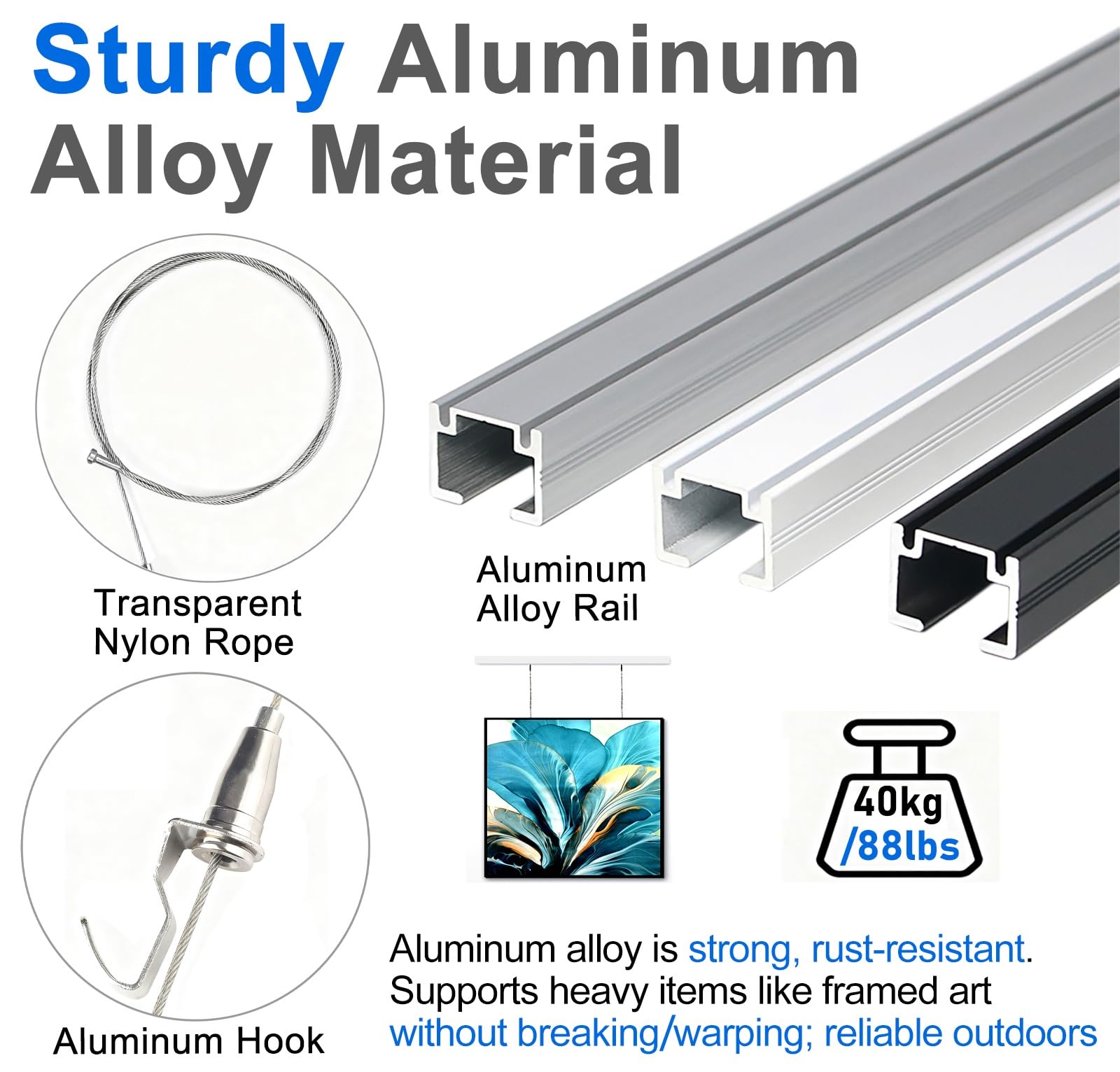 Cimaise Système de suspension de tableaux de 1,5 m, kit de rail décoratif réglable pour galerie, rail d'affichage photo robuste pour bibliothèques(White,4.9 ft/1.5 m cable(3 hooks))