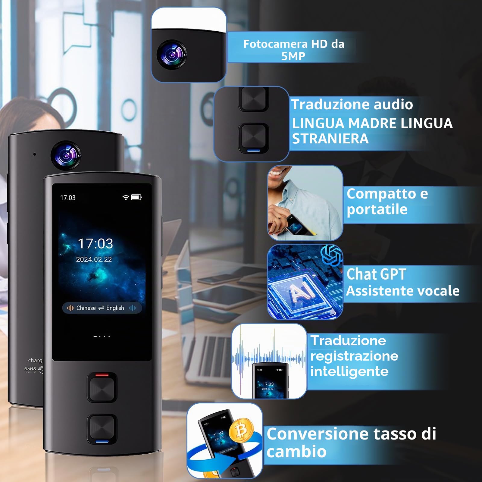 Dispositivo traduttore linguistico, traduttore vocale AI bidirezionale per traduzione vocale/testo/offline/foto, 138 lingue online con touchscreen da 3 pollici per viaggi di apprendimento