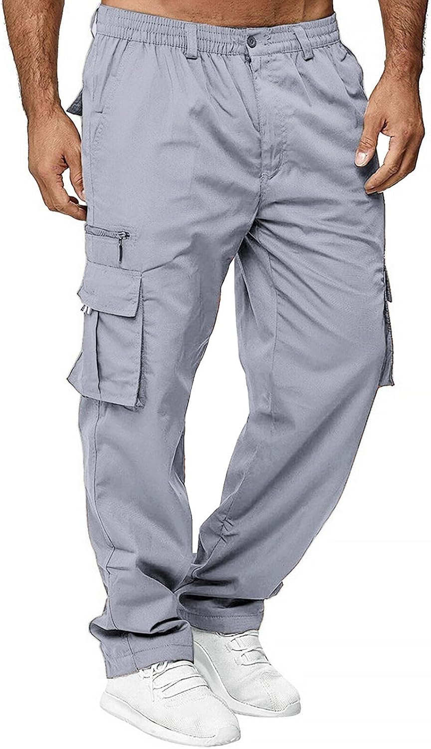 THWEI Mens Cargo Pants Casual Cotton Jogger Multi Pockets Outdoor Hiking Work Sweatpants