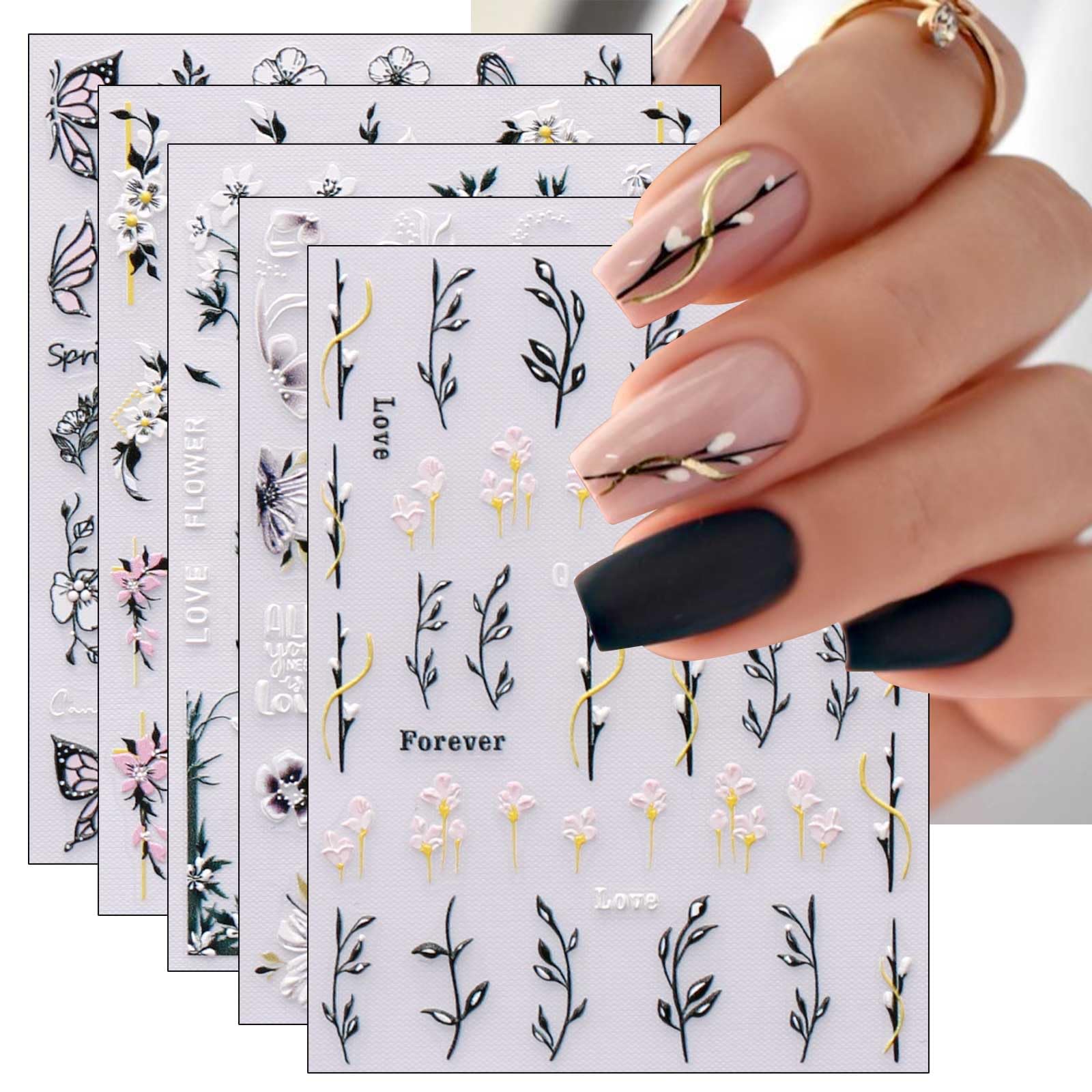 JMEOWIO 6 Sheets 3D Embossed Spring Flower Nail Art Stickers Decals Self-Adhesive Pegatinas Uñas 5D Colorful Summer Leaf Floral Nail Supplies Nail Art