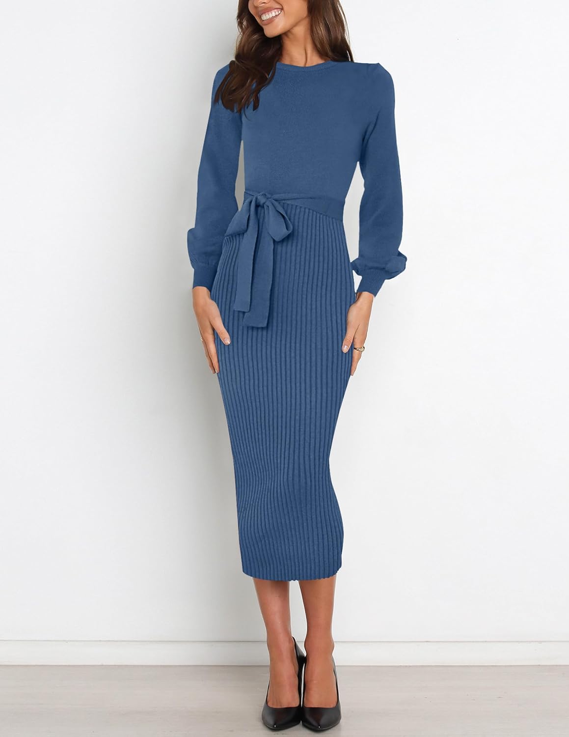 HAEOF Womens 2026 Fall Midi Sweater Dress Winter Puff Long Sleeve Bodycon Ribbed Knit Trendy Business Casual Work Dresses - Image 3