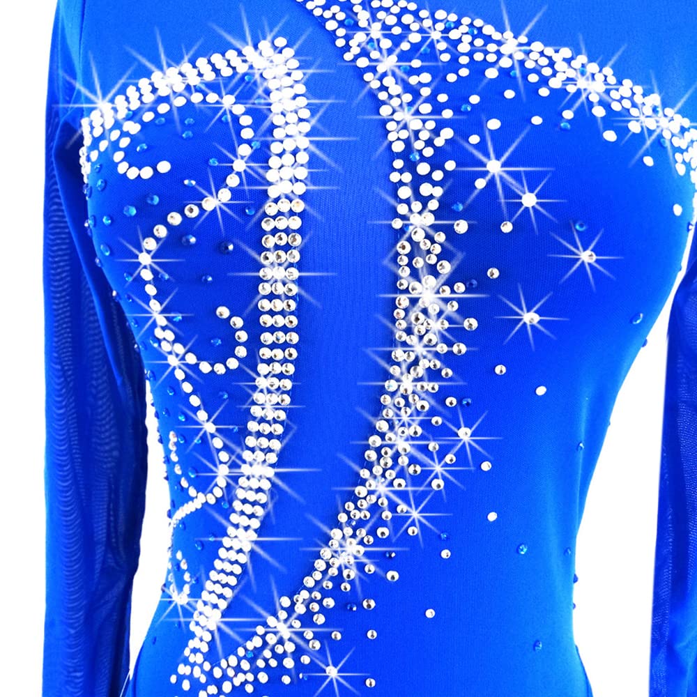 LIUHUO Blue Ice - Vestido de Patinaje artístico para niñas y Mujeres, Vestido de Manga Larga con Cuentas y Espalda Descubierta