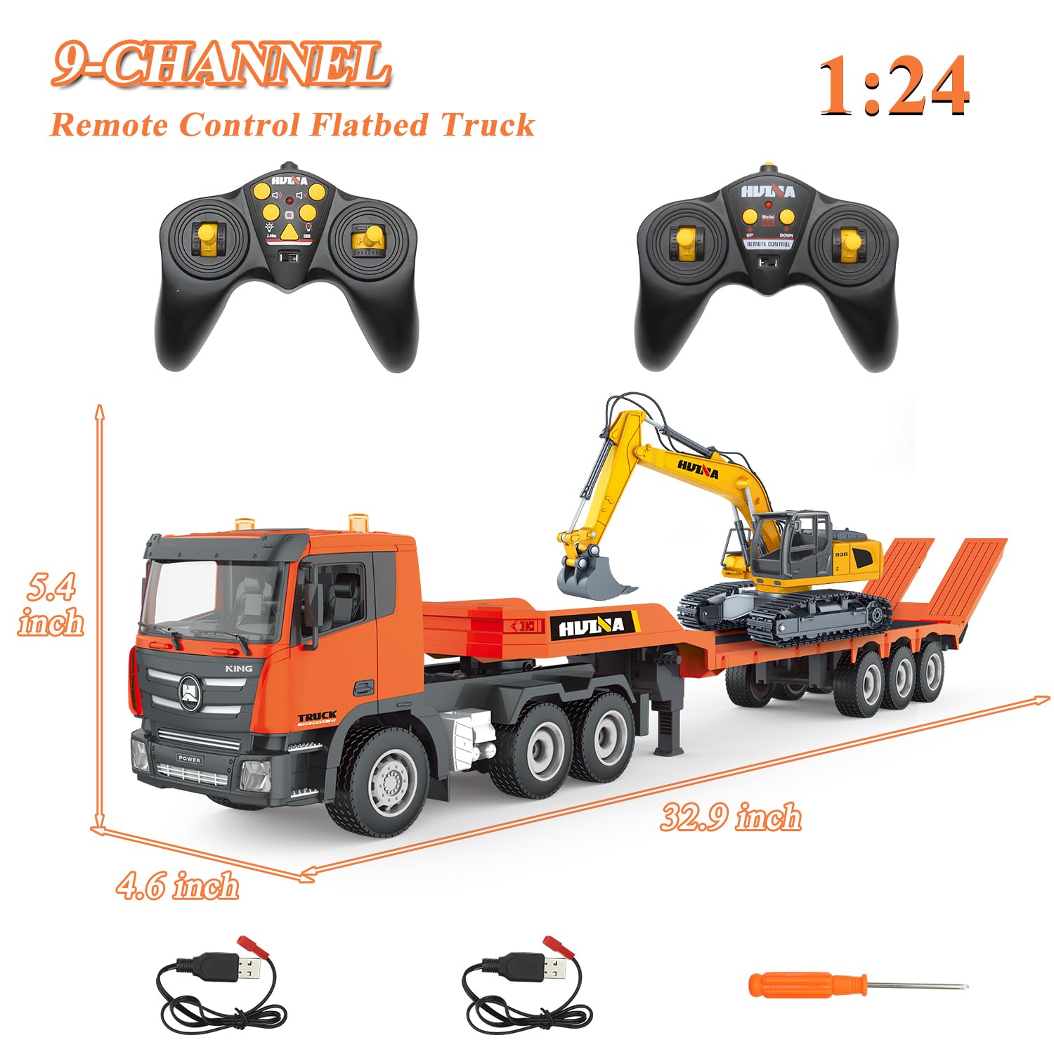fisca RC Semi Camion et pelleteuse, 2,4 GHz, télécommandé, camion à plateforme et pelleteuse, 1:24, avec son et lumières, convient aux véhicules de construction pour garçons (orange)
