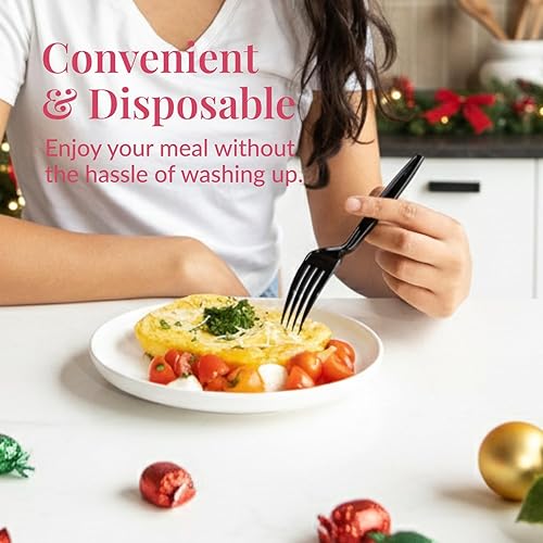 Miniatura 2 de Prestee 100 unidades de tenedores de plástico plateado negro - tenedores resistentes desechables para fiestas, bodas y días festivos - elegante