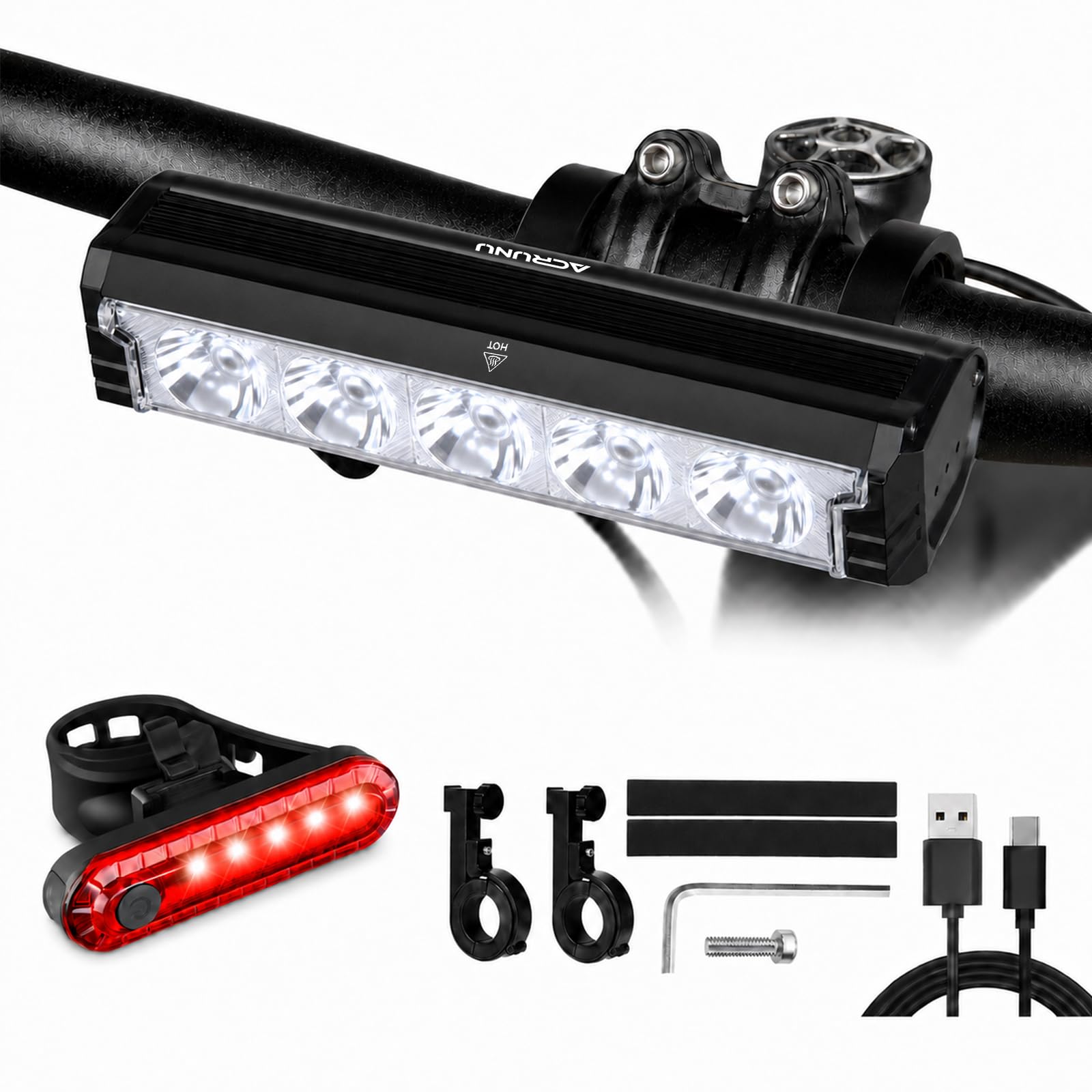 Luces de bicicleta para conducción nocturna recargables de 2800 lúmenes, luces delanteras y traseras recargables, 5 modos ajustables, 5 faros delanteros y traseros de bicicleta, 5 modos ajustables