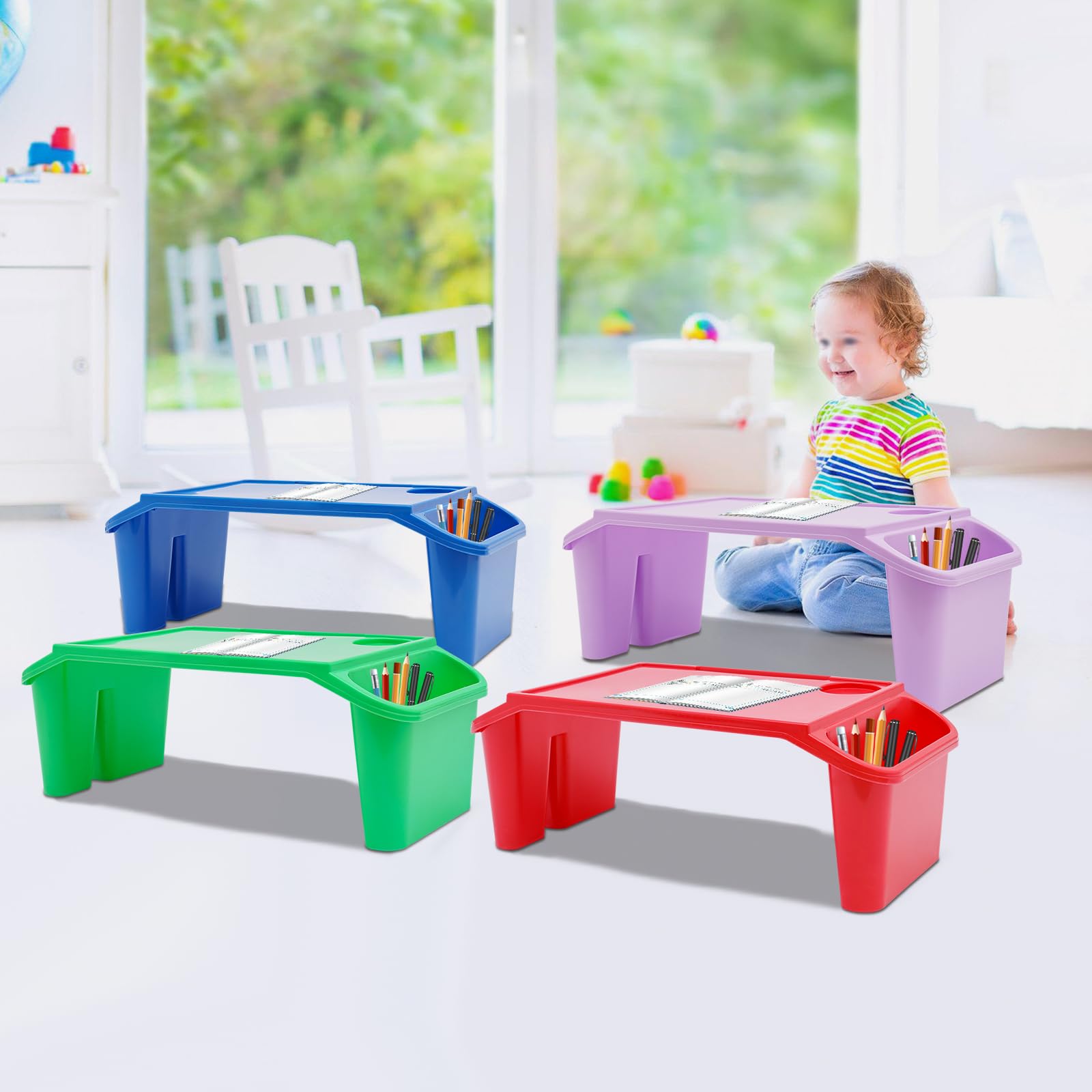4 Pcs Kids Floor Desk Stackable Lap Desk with Side Pockets Plastic Breakfast Laptop Trays for Writing Eating Game Classroom Snacks
