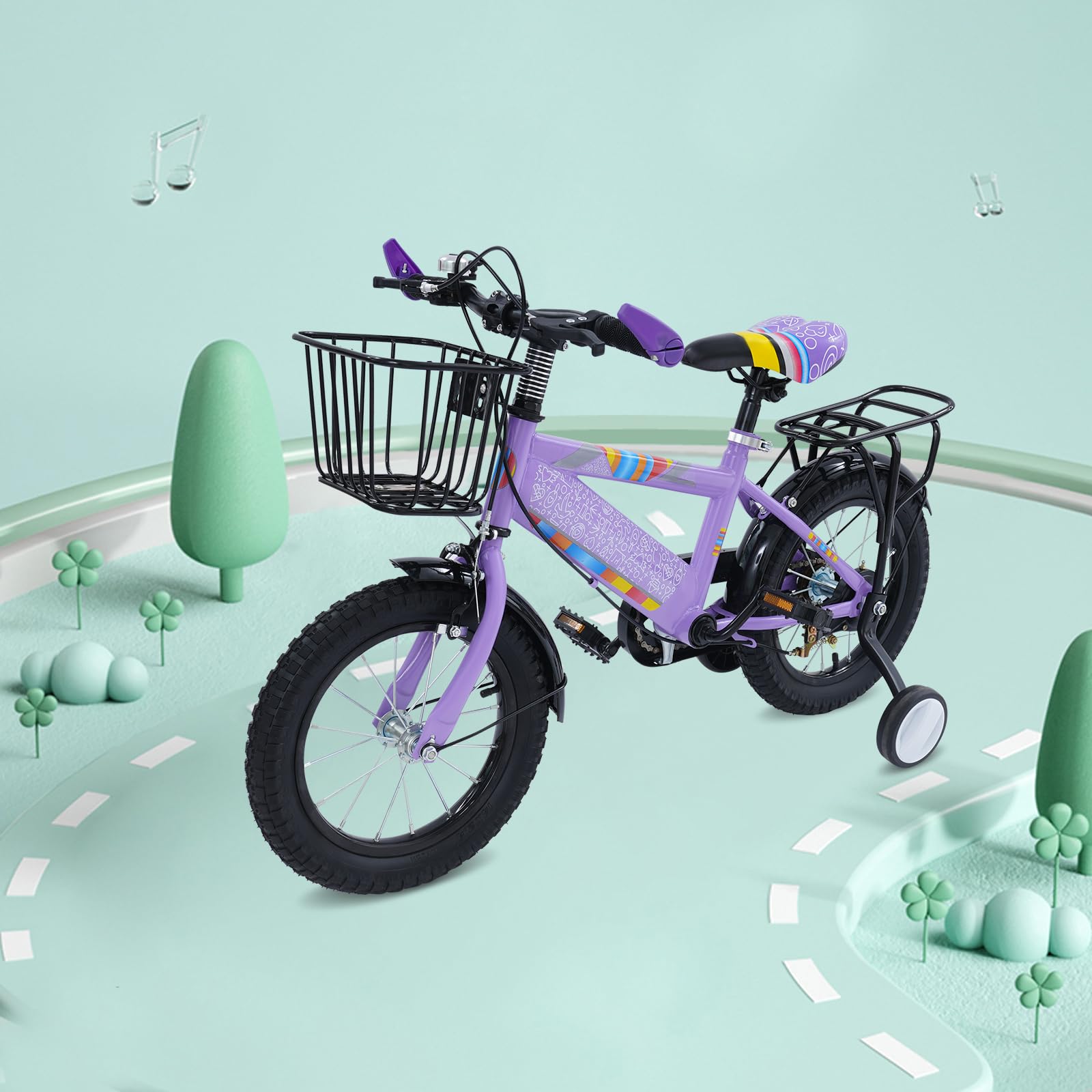 Bicicletta per bambini 14 pollici con rotelle e cestino regolabile
