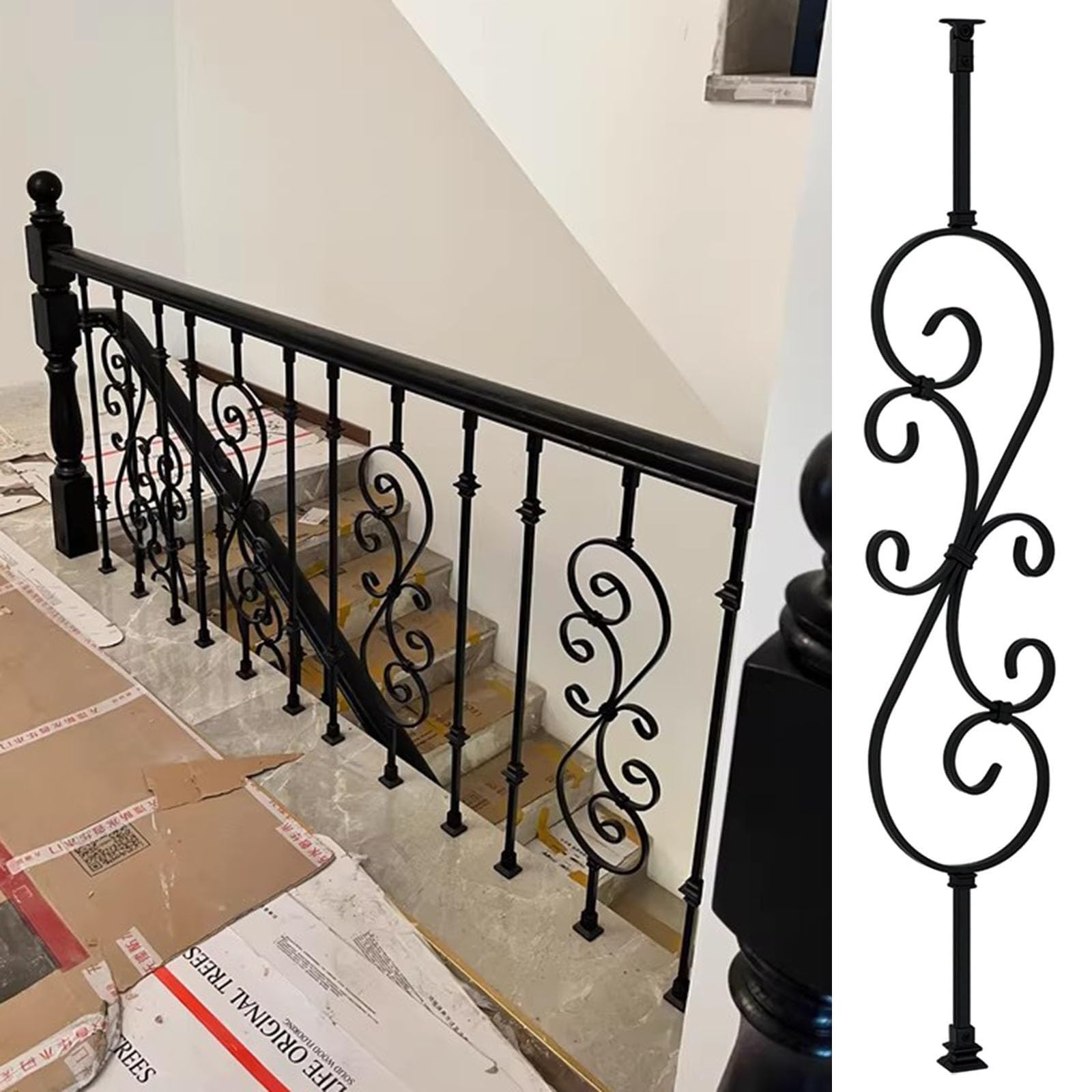 Main courante pour escalier en fer forgé noir avec support ajustable