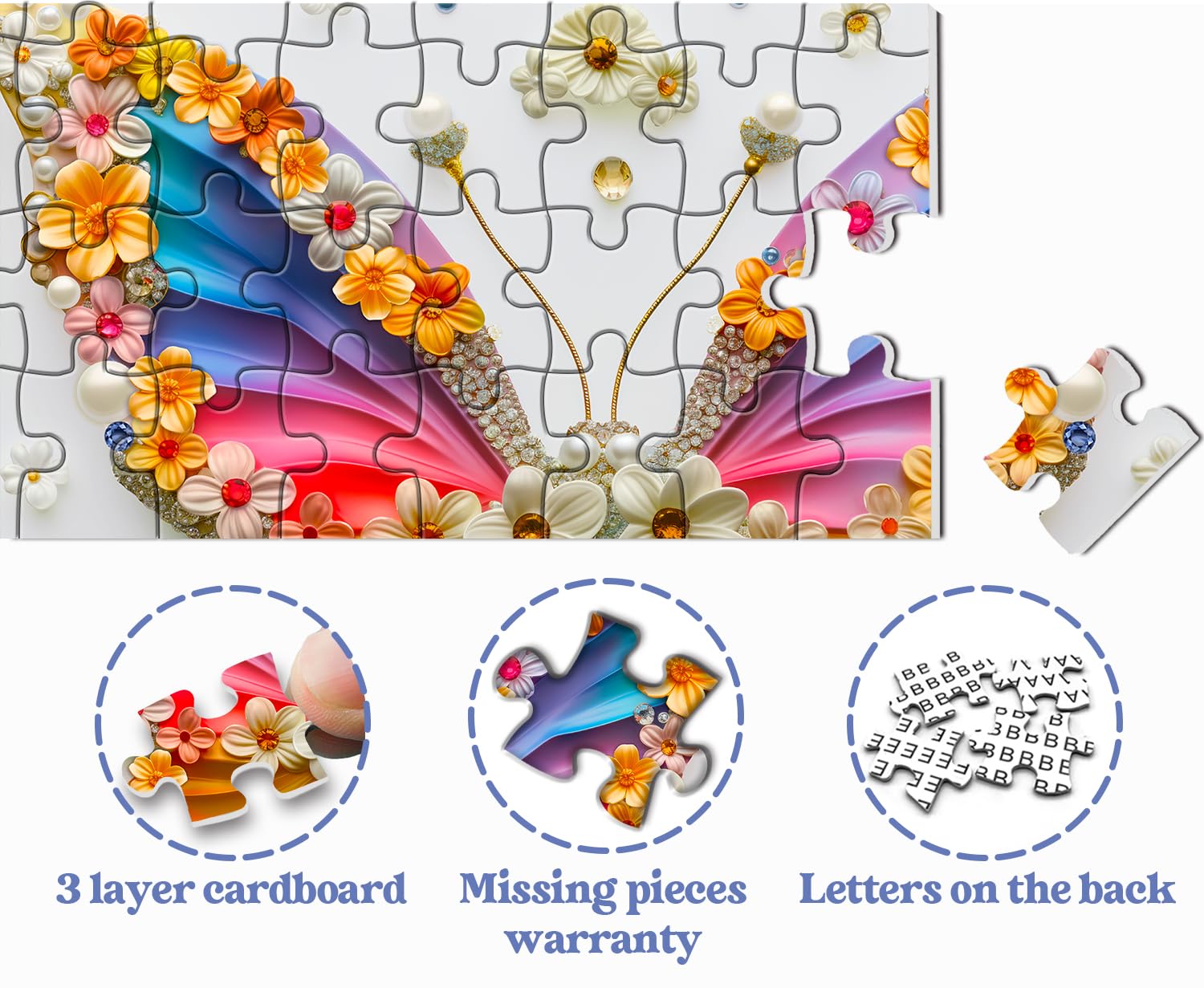 Rainbow Butterfly Puzzles for Adults 1000 Pieces, Flower Butterfly Wings Jigsaw Puzzles, Colorful Jewels Animal Puzzle as Home Decor - Image 5