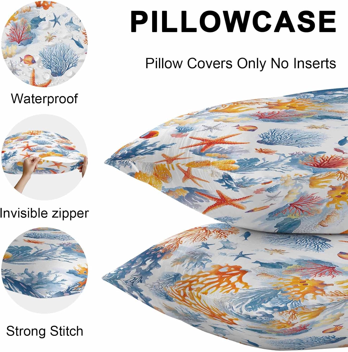 Chucoco Outdoor Waterproof Throw Pillow Cover, Ocean Starfish Blue Coral Decorative Pillows Cushion Covers, Watercolor Underwater World 2 Pack Pillow Cases for Patio Garden Balcony Couch Sofa 26x26in