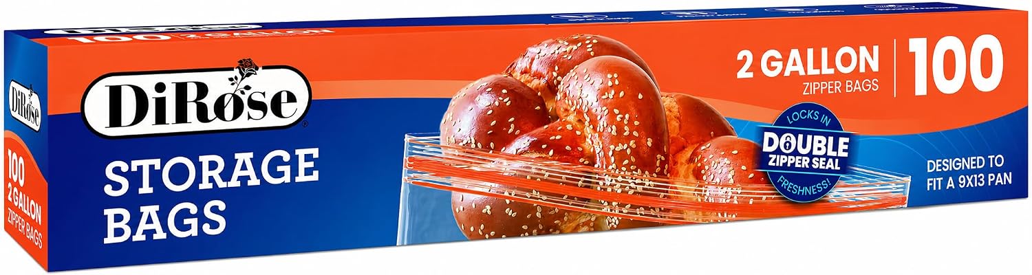 Dirose 2 Gallon Reclosable Bags - Double Zipper, Heavy Duty, Clear Plastic Storage Bags for Food, Freezer, and Household Use - 100 Count
