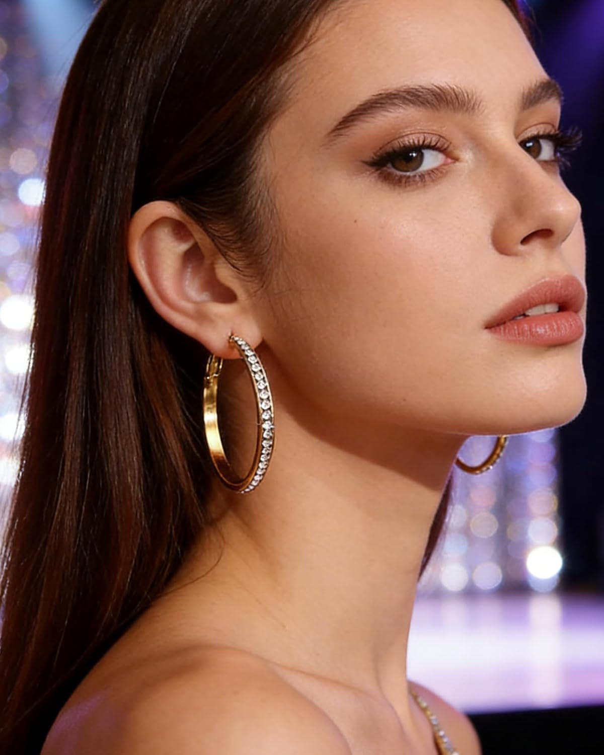 Silver Rhinestone Hoop Earrings for Women Sparkly Large Hoop Earrings Trendy Silver 50mm Rhinestone Hoops Wedding Party Prom Jewelry Accessories Gifts for Her - Image 4