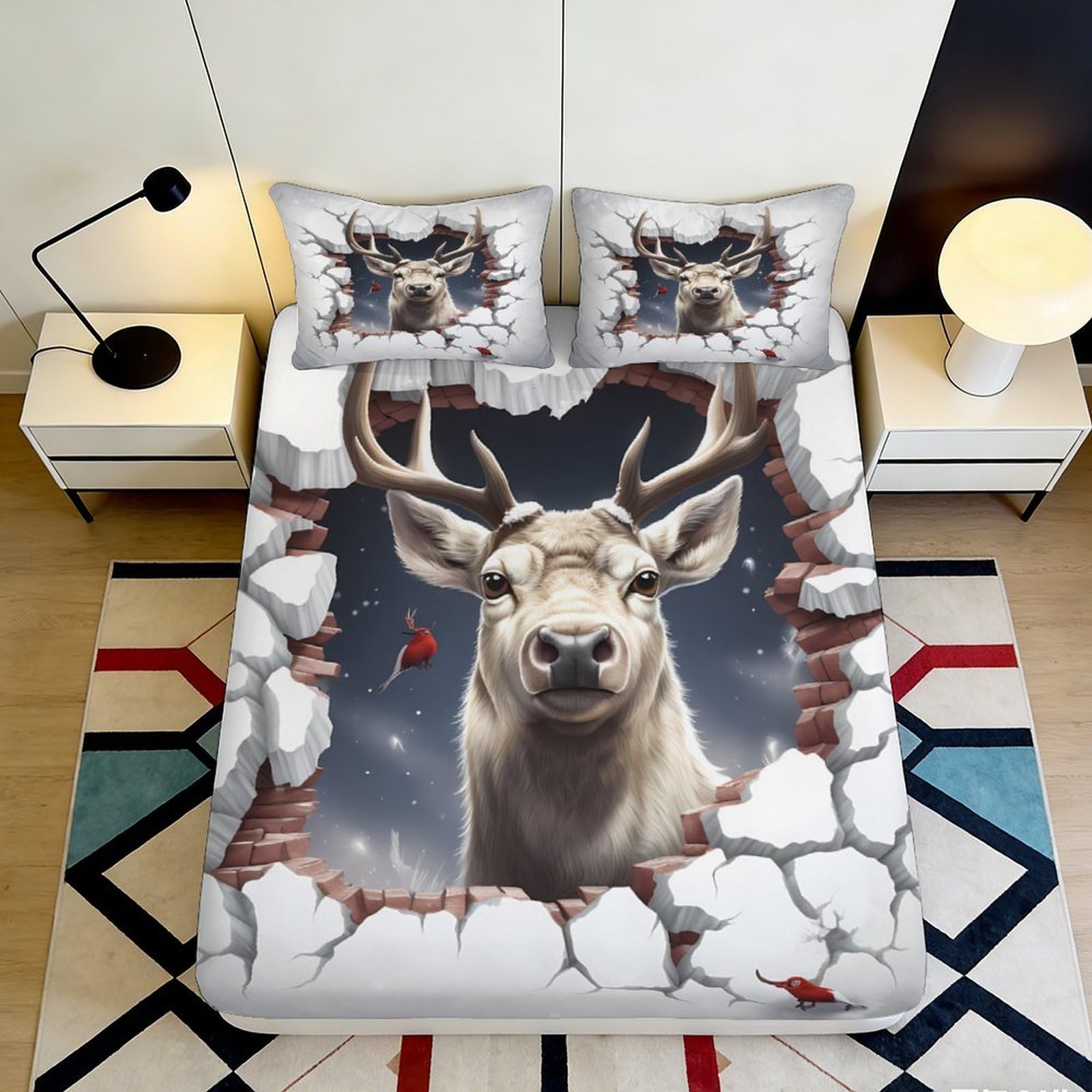 3D Printed Deer Pattern Fitted Sheet Microfiber Soft Breathable 3D Printed Wildlife Mattress Cover for Bedroom Dormitory Guest Room Protection Decor 160x200x25cm