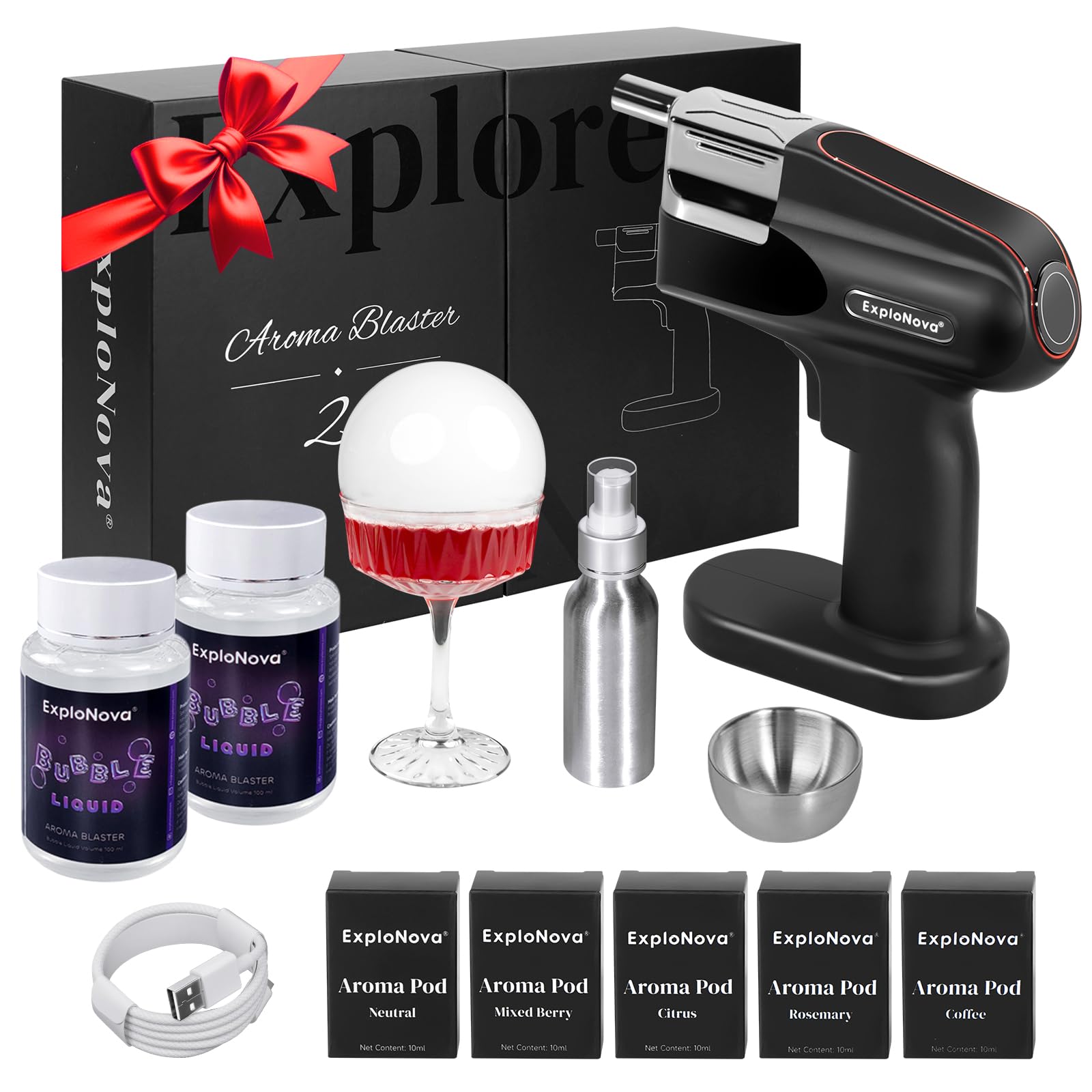 Kit de Fumoir pour Whisky à Bulles, 5 Capsules D'arômes et Bulles Comestibles, Machine à Fumée électrique Décoration de Boissons Alimentaires, Parfaite pour Bar, Fête