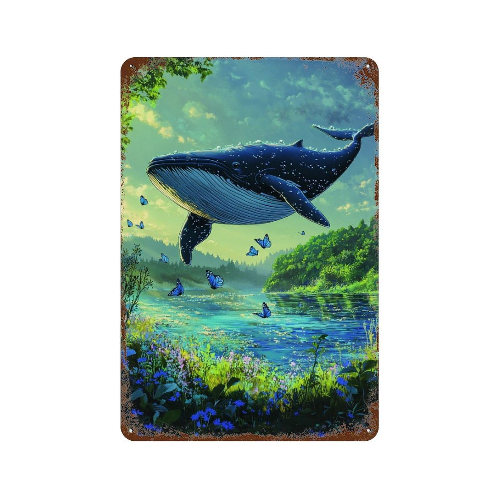 Whale in Fantasy Forest 11.8"x7.9" Rust Effect Tin Sign, Industrial Home Decor for Living Room, Hallway And Home Decor
