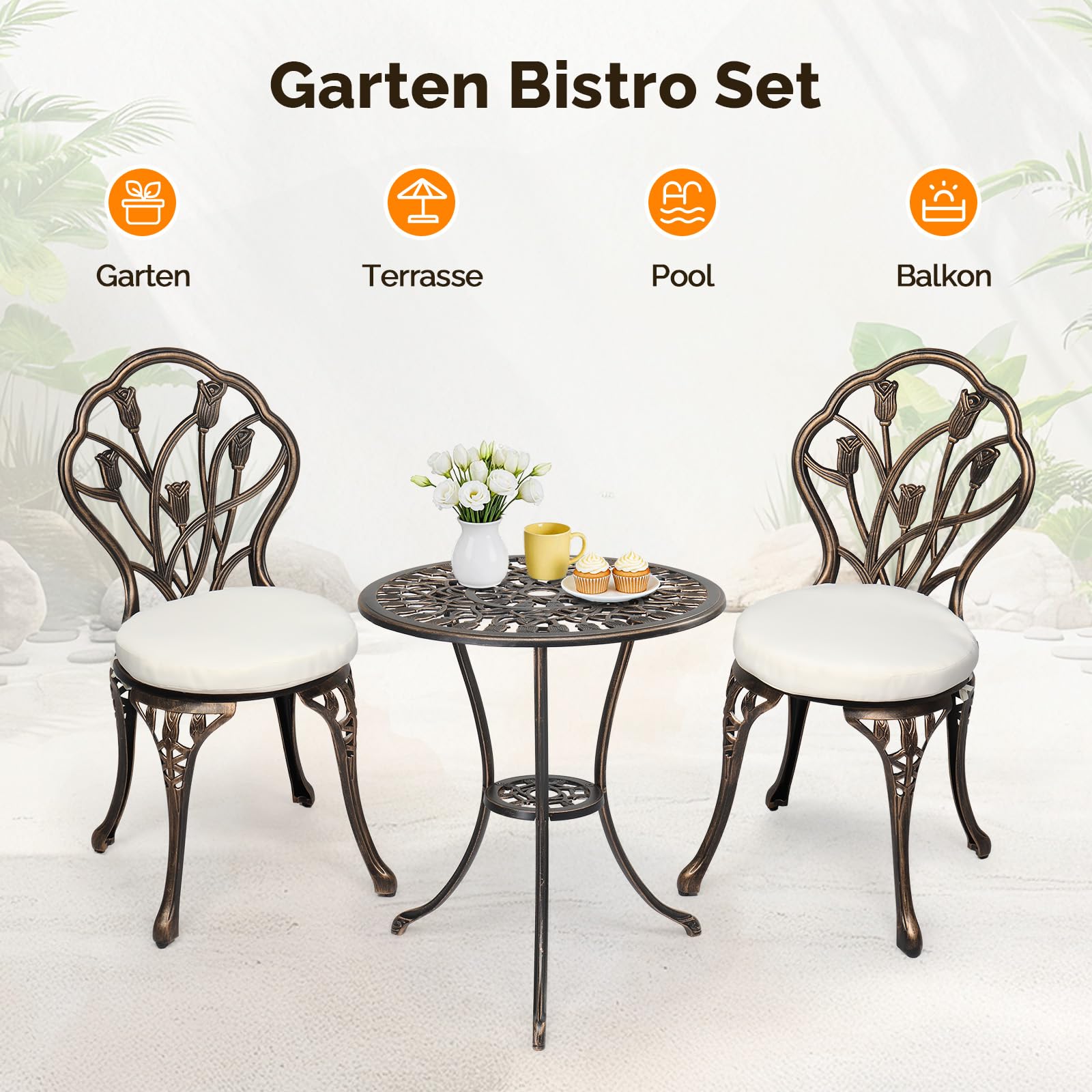 Bonnlo Bistro Set, Bistrotisch mit 2 Stühlen & 2 Kissen, Gartenmöbel Set aus Gussaluminium, Wetterfest & Abnehmbar, für Garten, Balkon, Terrasse & Indoor, Bronze mit Kontrast-Kissen in Weiß