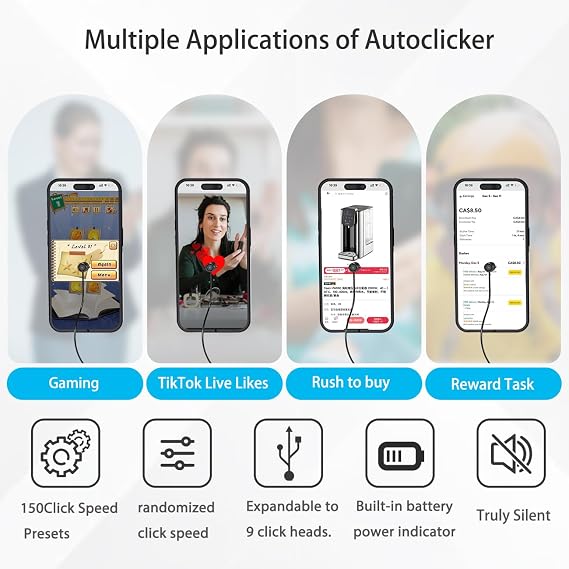 X2PRO Smartphone Auto Clicker: 150 Adjustable Speeds | Built-in Battery | Expandable to 9 clicking Tips | Random Speed Mode | for TikTok Live Likes, Mobile Gaming (Single Clicking Tip)